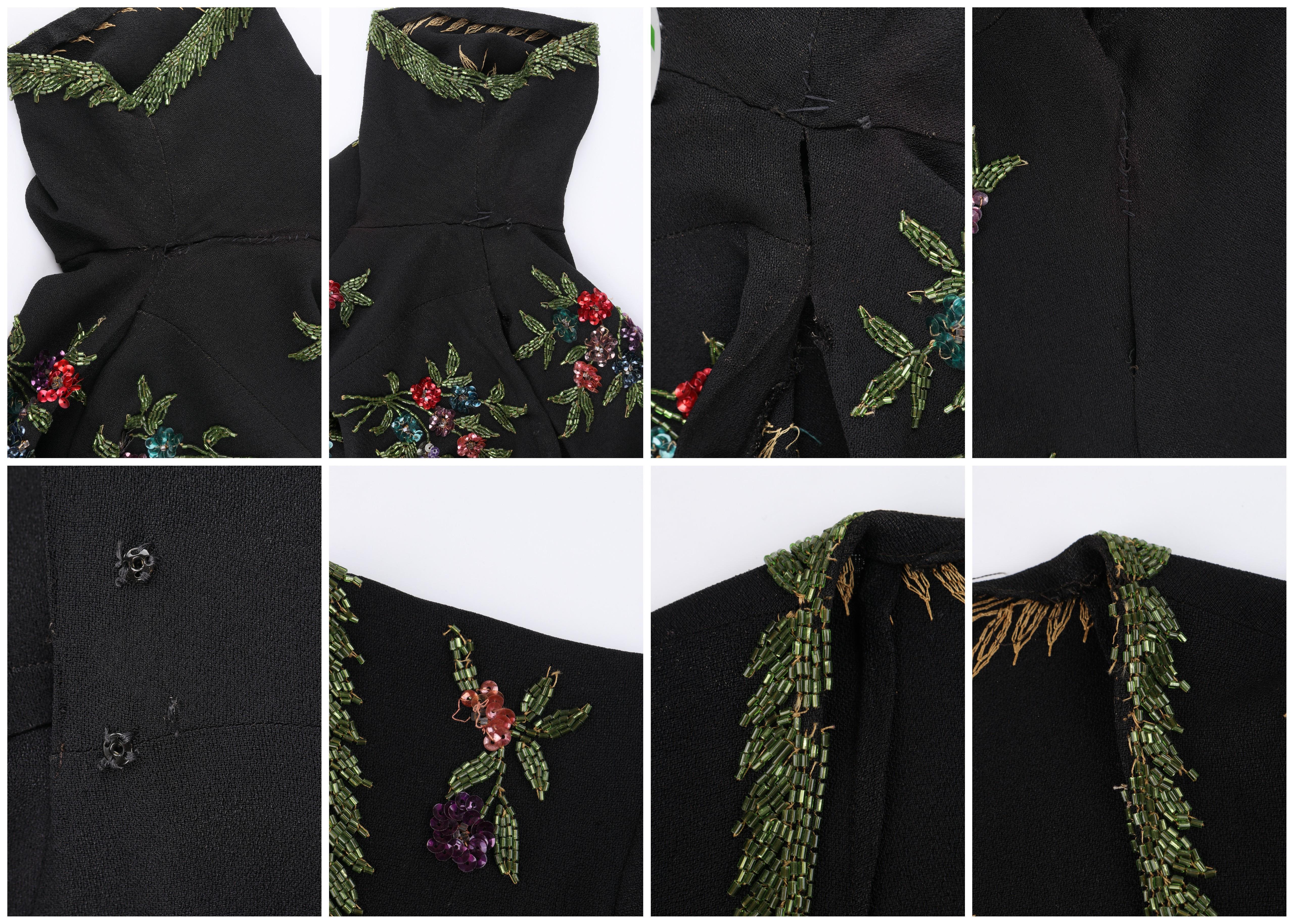 Couture c. 1940’s Black Multicolor Floral Glass Bead Embroidered Shift Dress 5