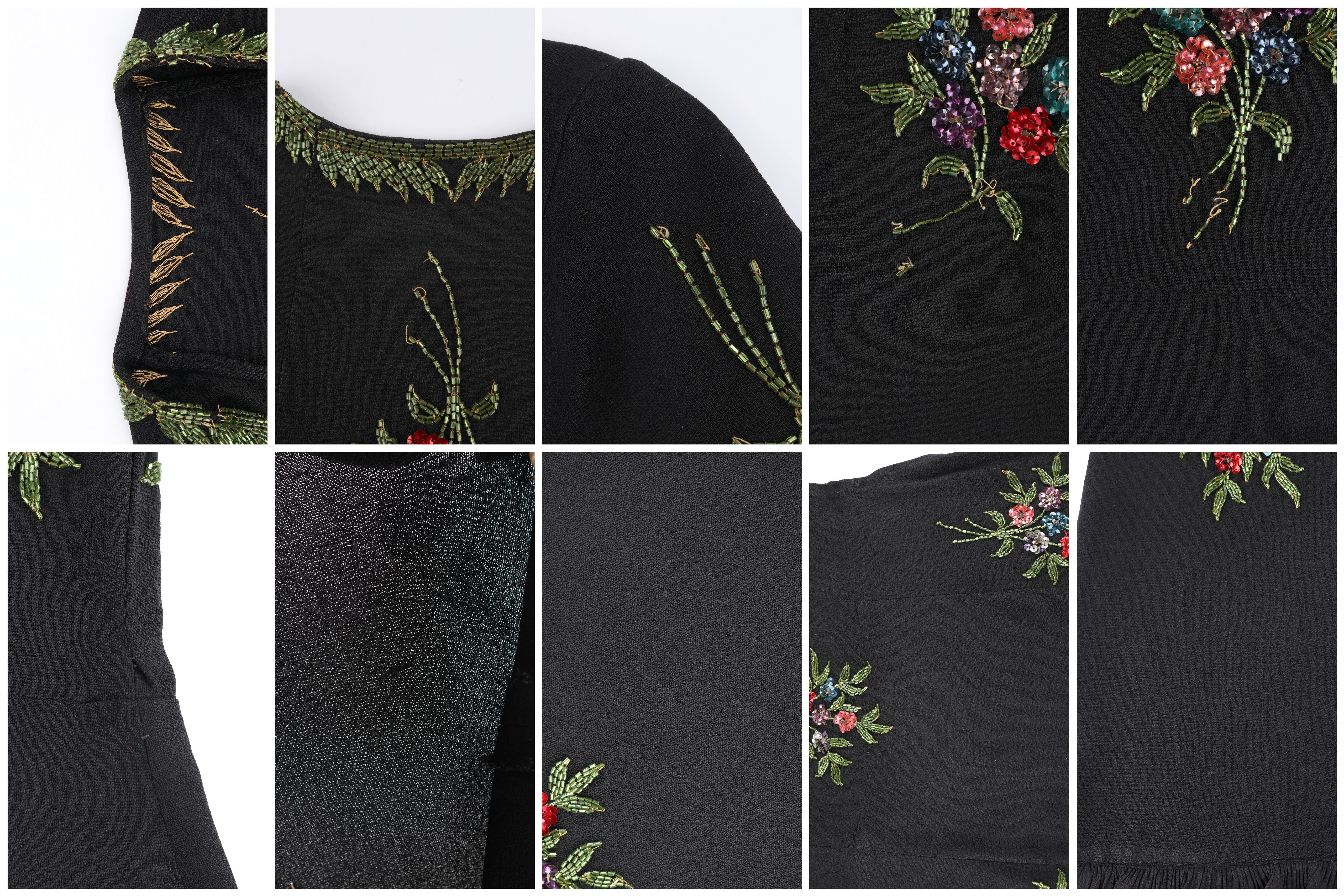 Couture c. 1940’s Black Multicolor Floral Glass Bead Embroidered Shift Dress 6