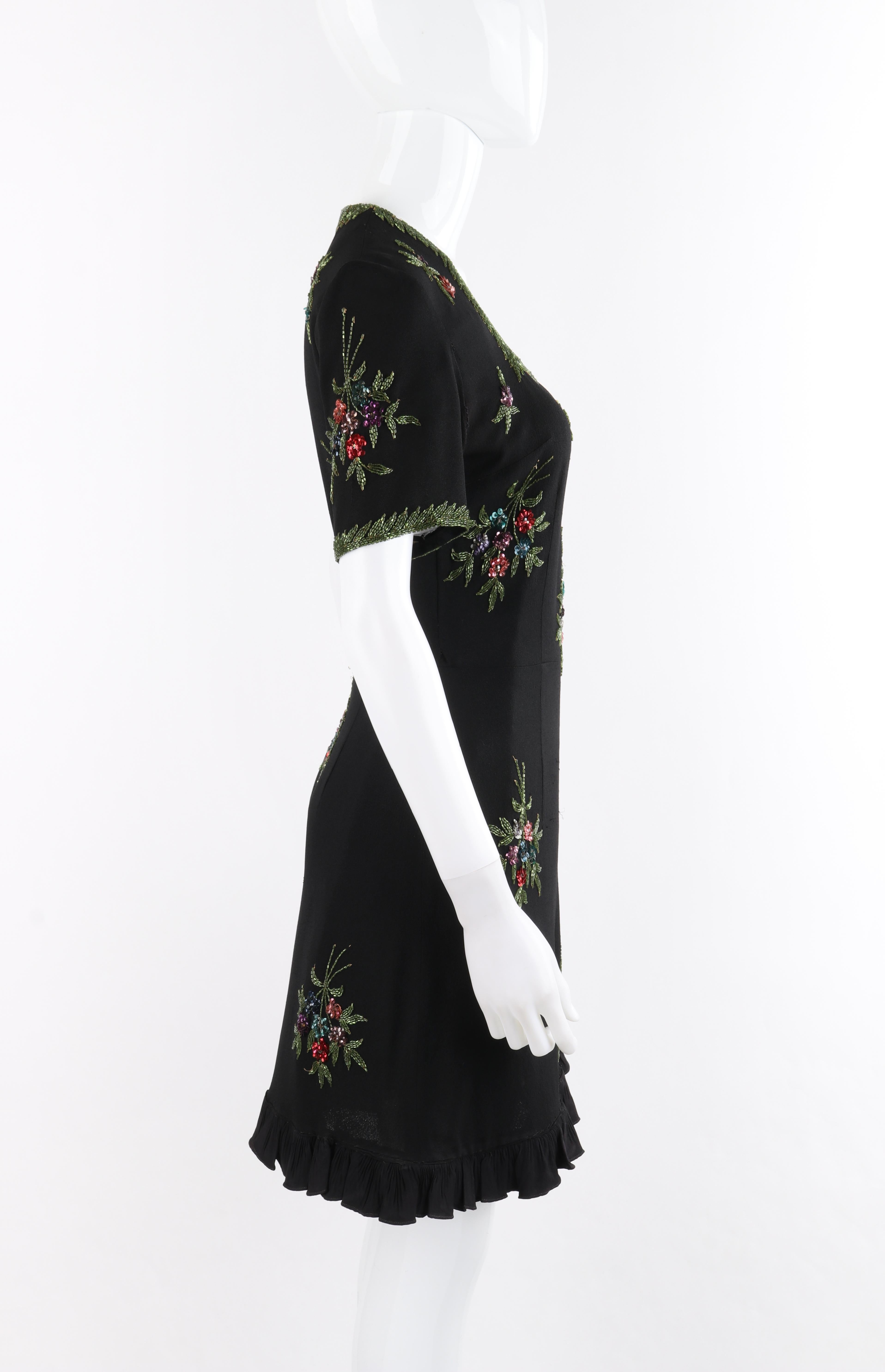 Couture c. 1940’s Black Multicolor Floral Glass Bead Embroidered Shift Dress In Good Condition In Thiensville, WI