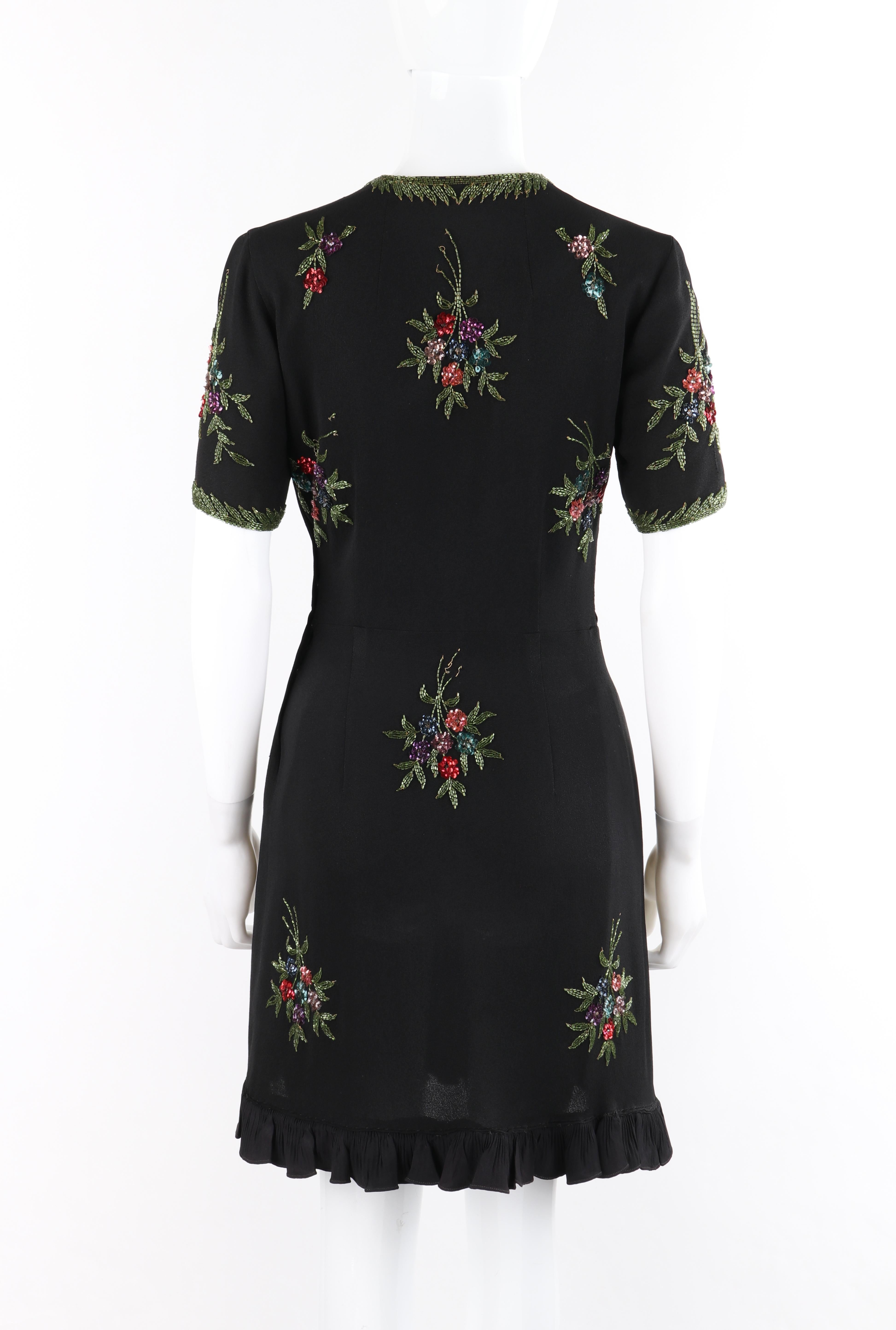 Women's Couture c. 1940’s Black Multicolor Floral Glass Bead Embroidered Shift Dress