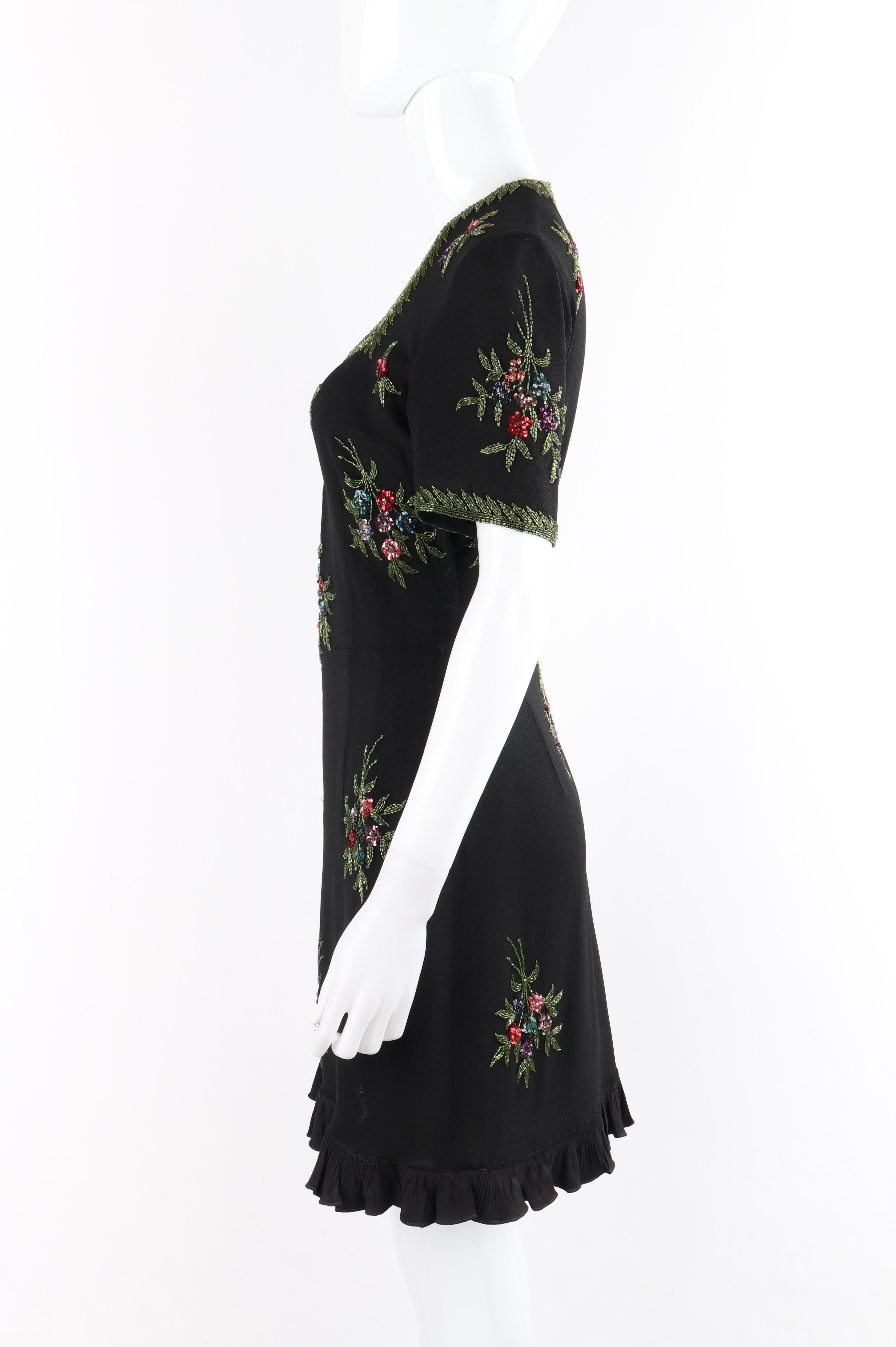 Couture c. 1940’s Black Multicolor Floral Glass Bead Embroidered Shift Dress 1