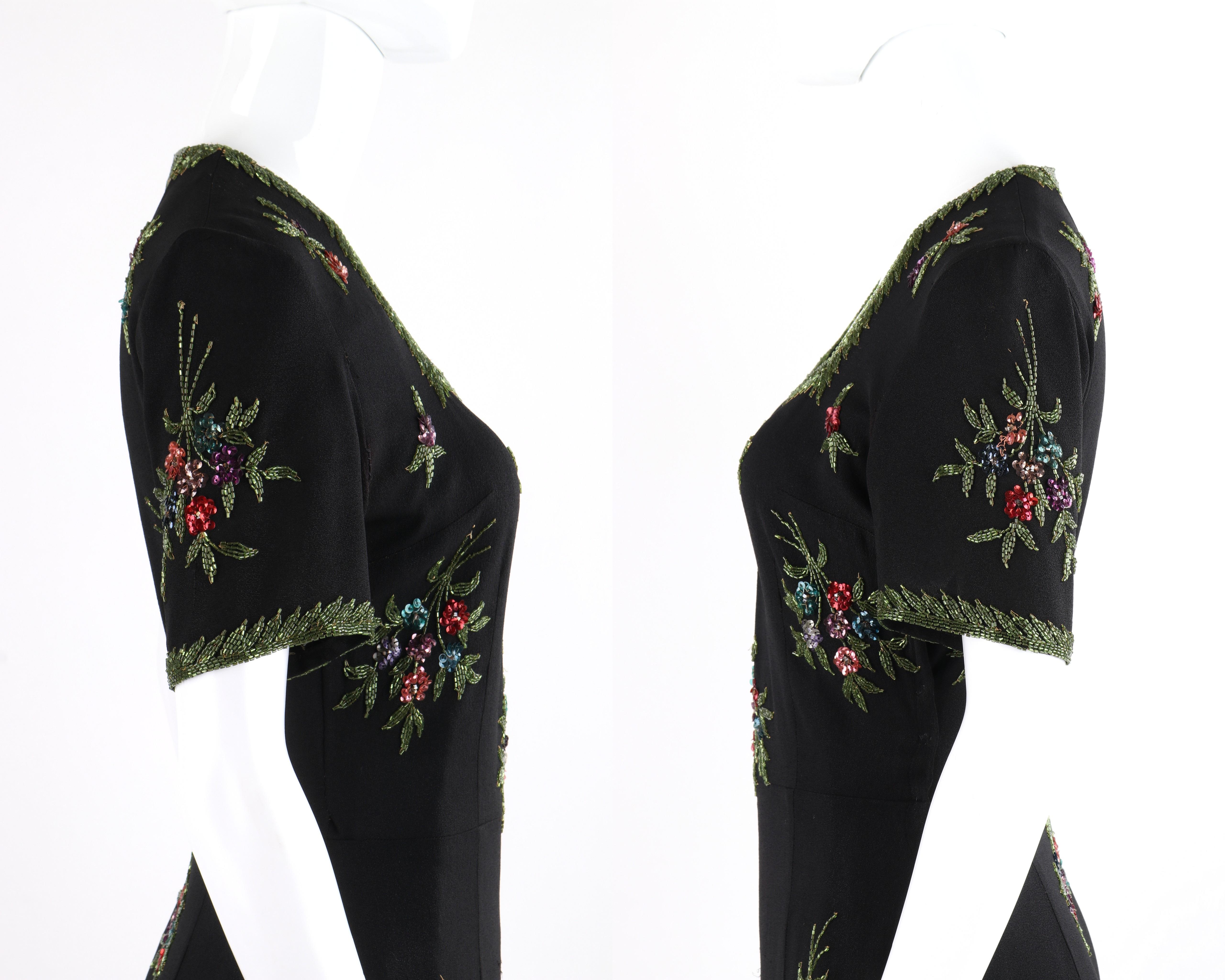 Couture c. 1940’s Black Multicolor Floral Glass Bead Embroidered Shift Dress 2