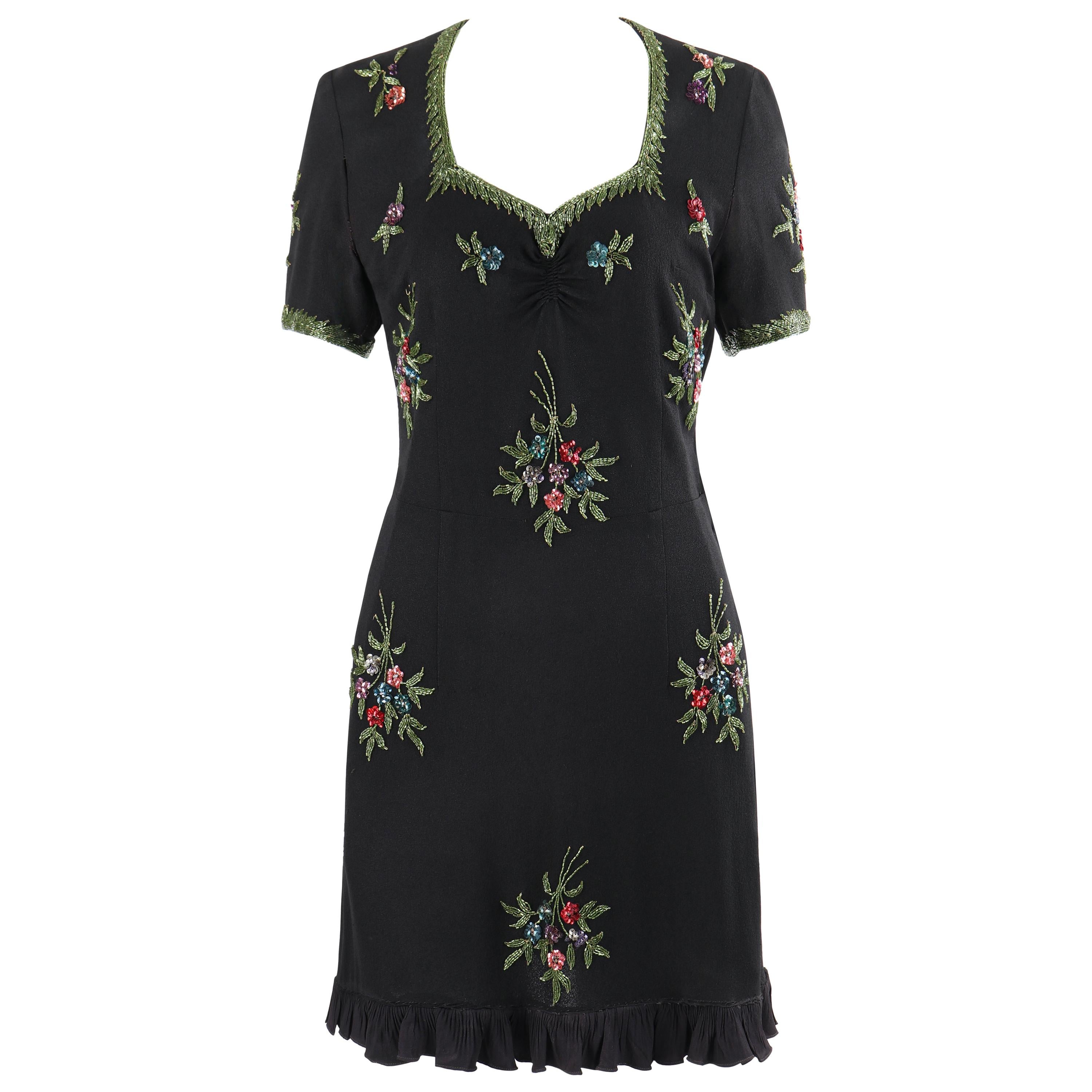 Couture c. 1940’s Black Multicolor Floral Glass Bead Embroidered Shift Dress