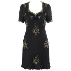 Couture c. 1940’s Black Multicolor Floral Glass Bead Embroidered Shift Dress