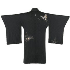COUTURE c.1920s Black Butterfly Ume Plum Embroidered Silk Haori Kimono Jacket