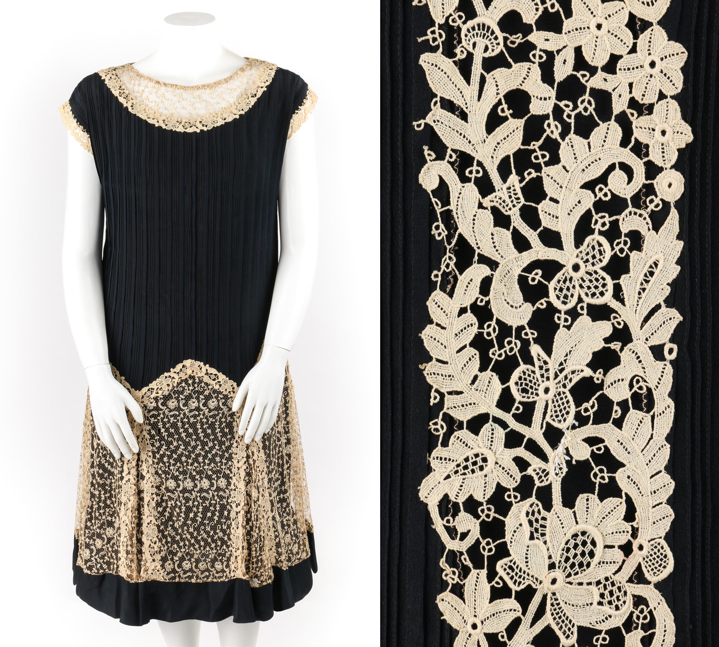 COUTURE c.1920s Black Chiffon Silk Beige Lace Pintuck Flapper Dress Slip Set L
 
Circa: 1920s
Style: Flapper shift dress + slip
Color(s): Black, shades of beige
Lined: No
Unmarked Fabric Content: Silk chiffon (dress, slip); cotton (lace)
Additional