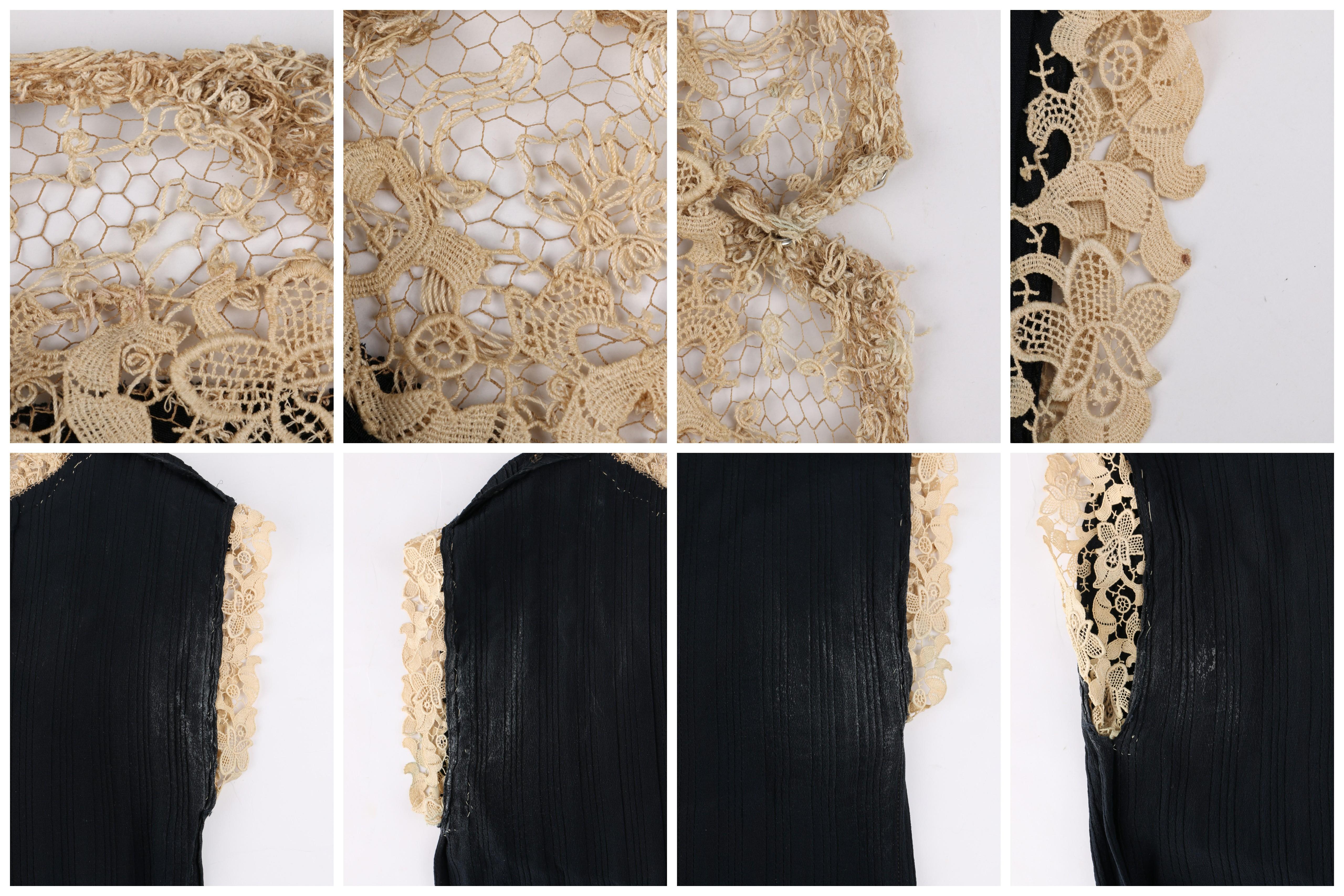 COUTURE c.1920s Black Chiffon Silk Beige Lace Pintuck Flapper Dress Slip Set L 2