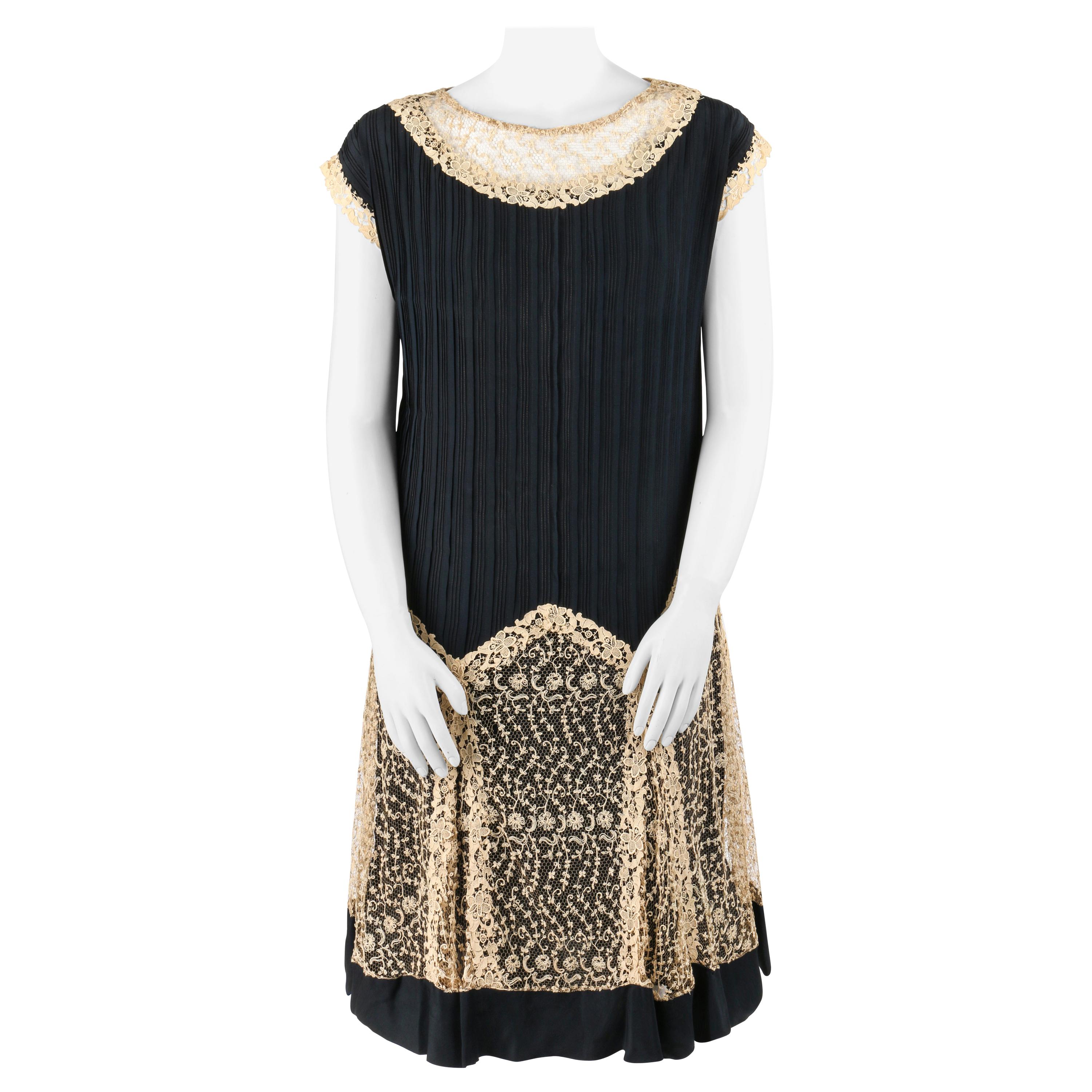 COUTURE c.1920s Black Chiffon Silk Beige Lace Pintuck Flapper Dress Slip Set L