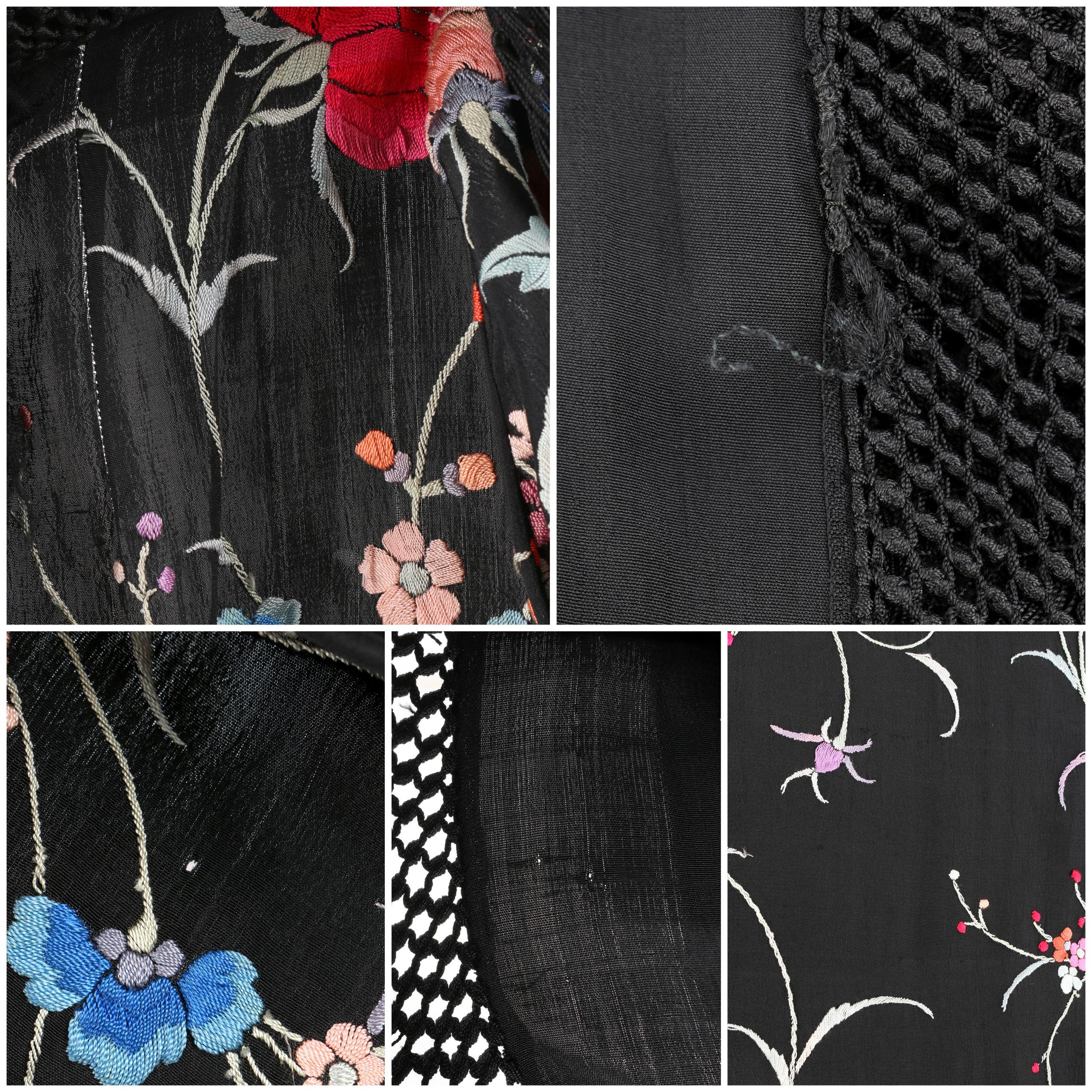 COUTURE c.1920’s Black Hand Embroidered Silk Oriental Floral Fringe Kimono Robe 3