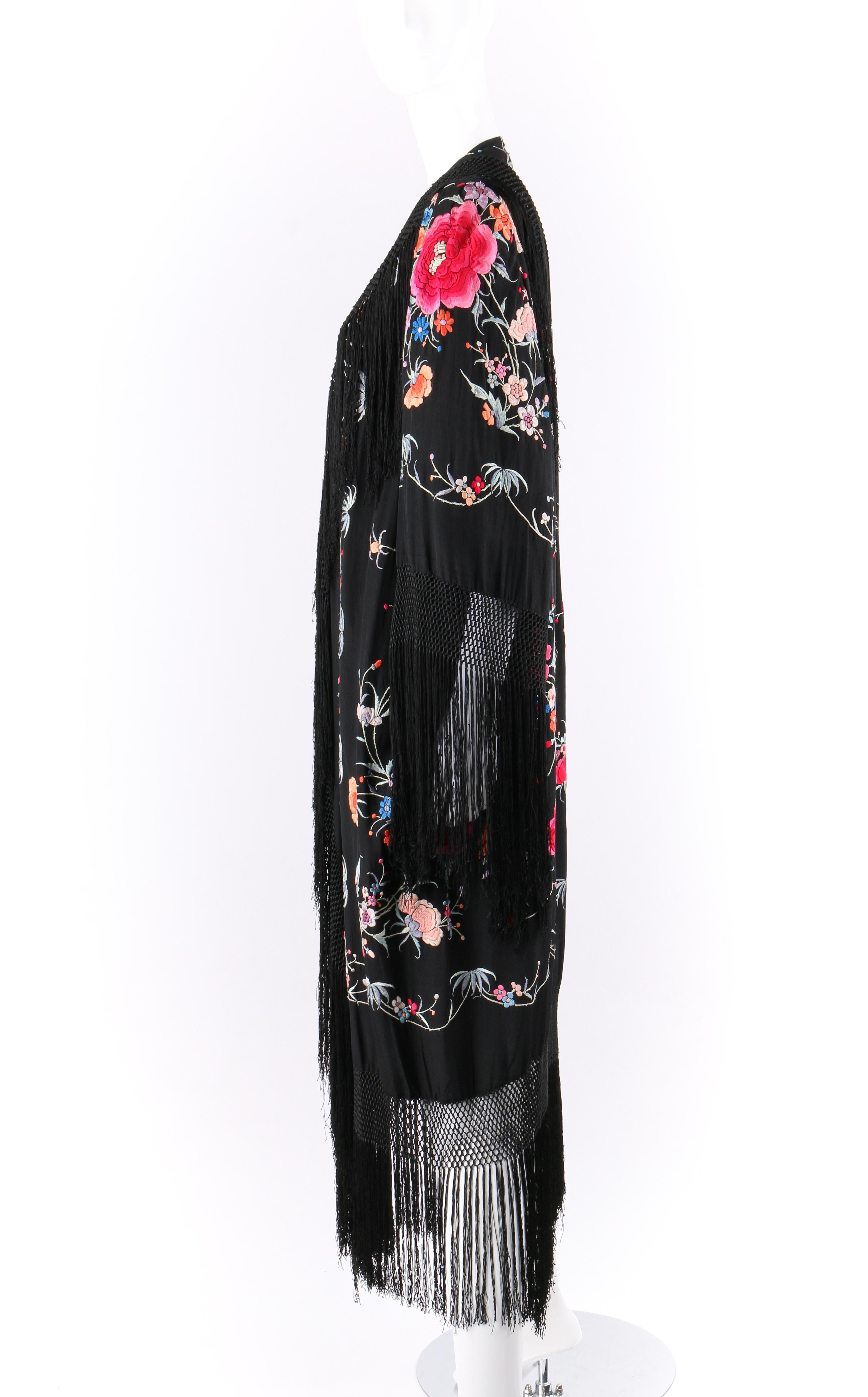 Women's COUTURE c.1920’s Black Hand Embroidered Silk Oriental Floral Fringe Kimono Robe