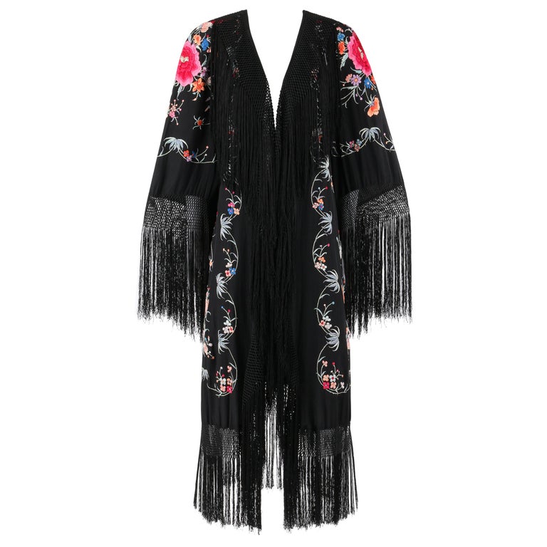 COUTURE c.1920's Black Hand Embroidered Silk Oriental Floral Fringe Kimono  Robe For Sale at 1stDibs | kimono couture, african embroidered kimono robe,  black floral kimono robe