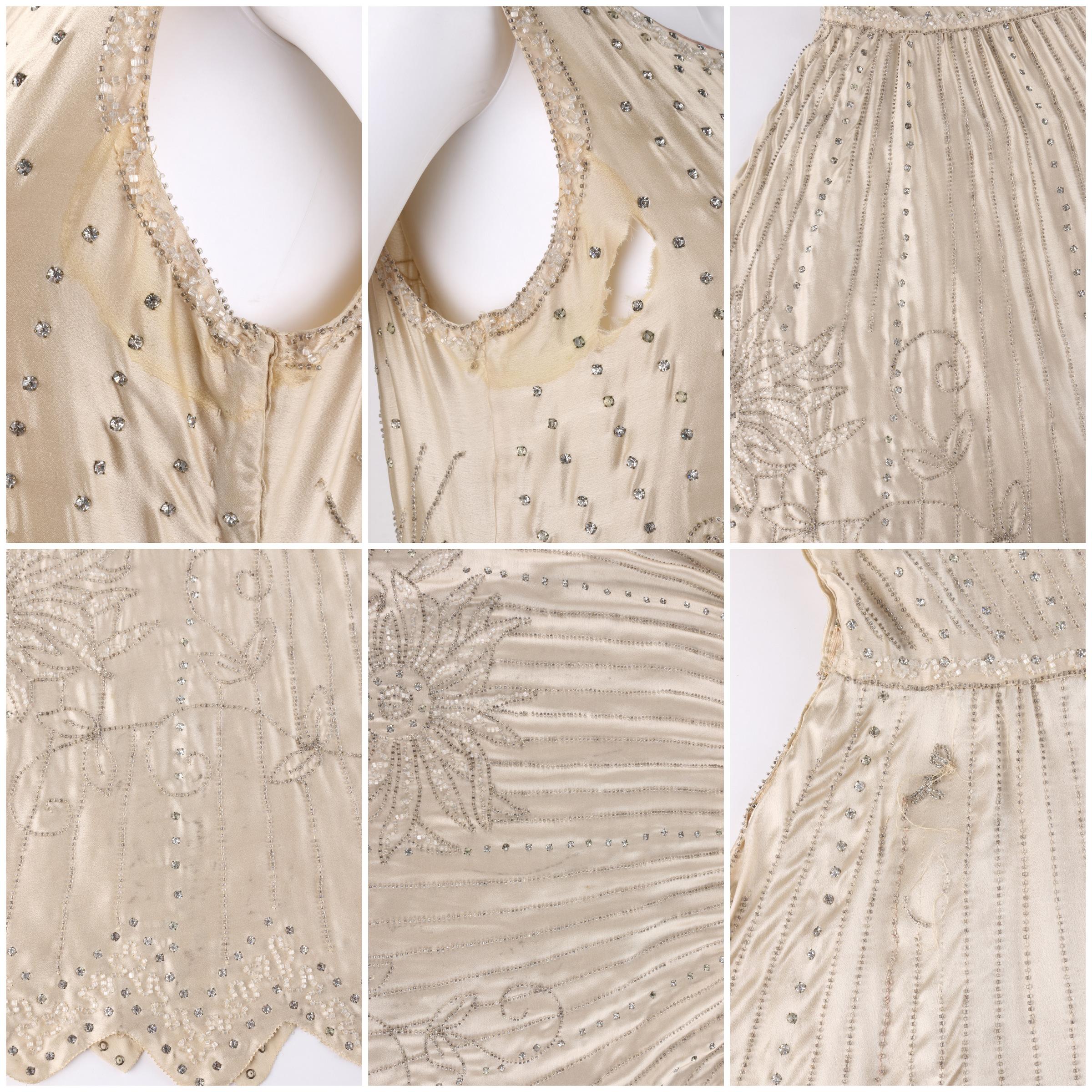 Couture c.1920’s Champagne Silk Floral Glass Beaded Rhinestone Flapper Dress For Sale 2