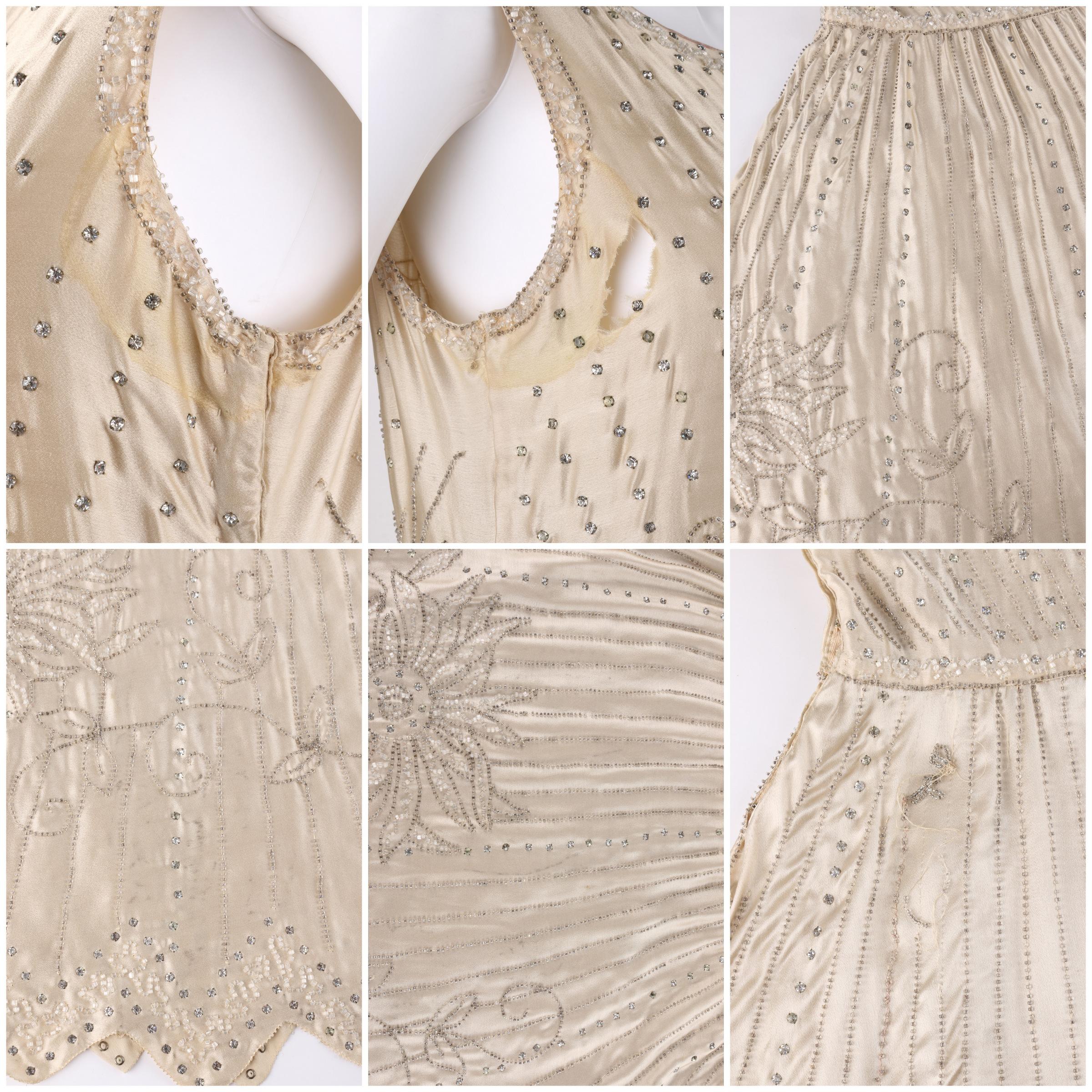 Couture c.1920’s Champagne Silk Floral Glass Beaded Rhinestone Flapper Dress  For Sale 2