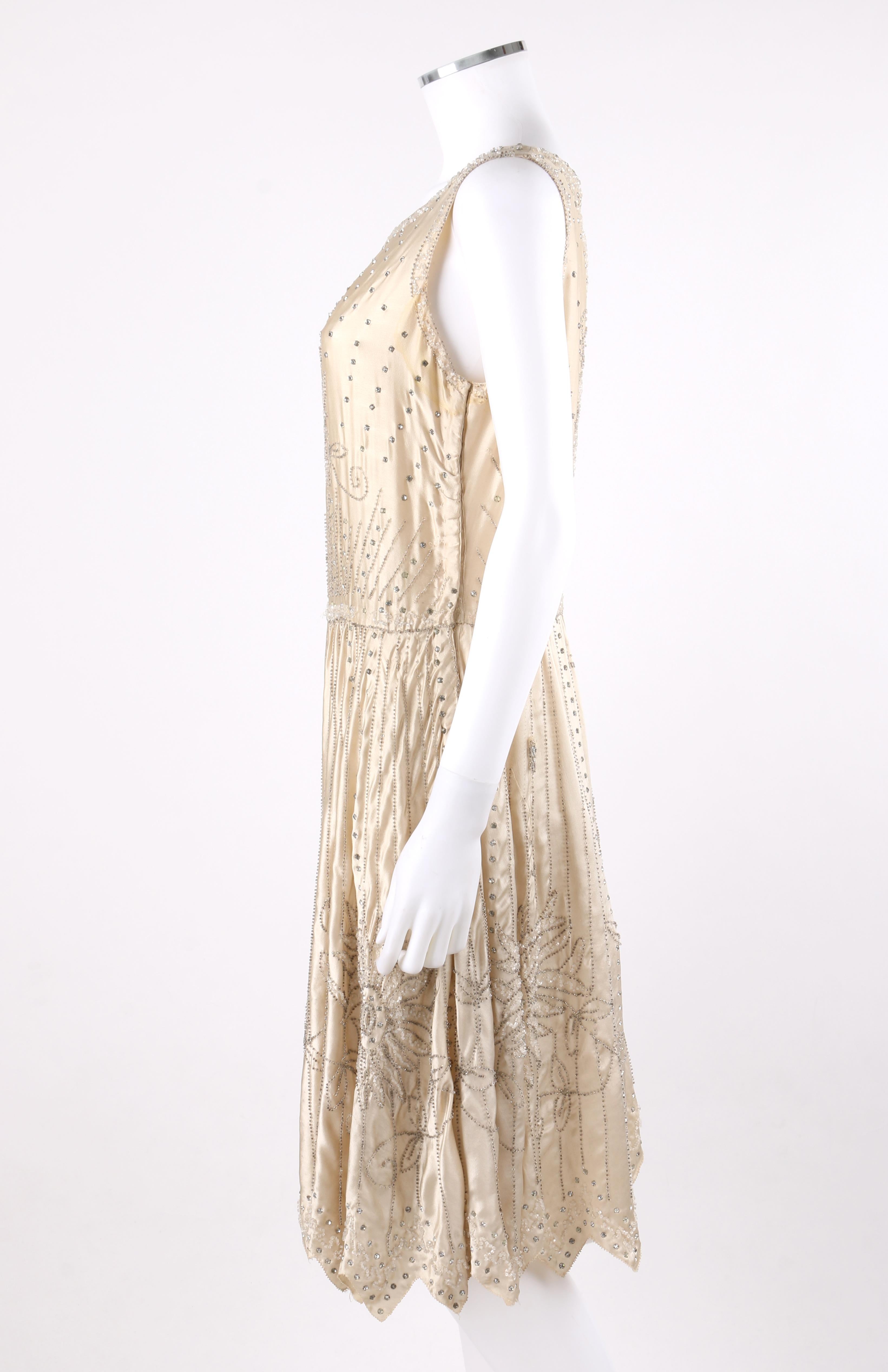 Beige Couture c.1920’s Champagne Silk Floral Glass Beaded Rhinestone Flapper Dress  For Sale