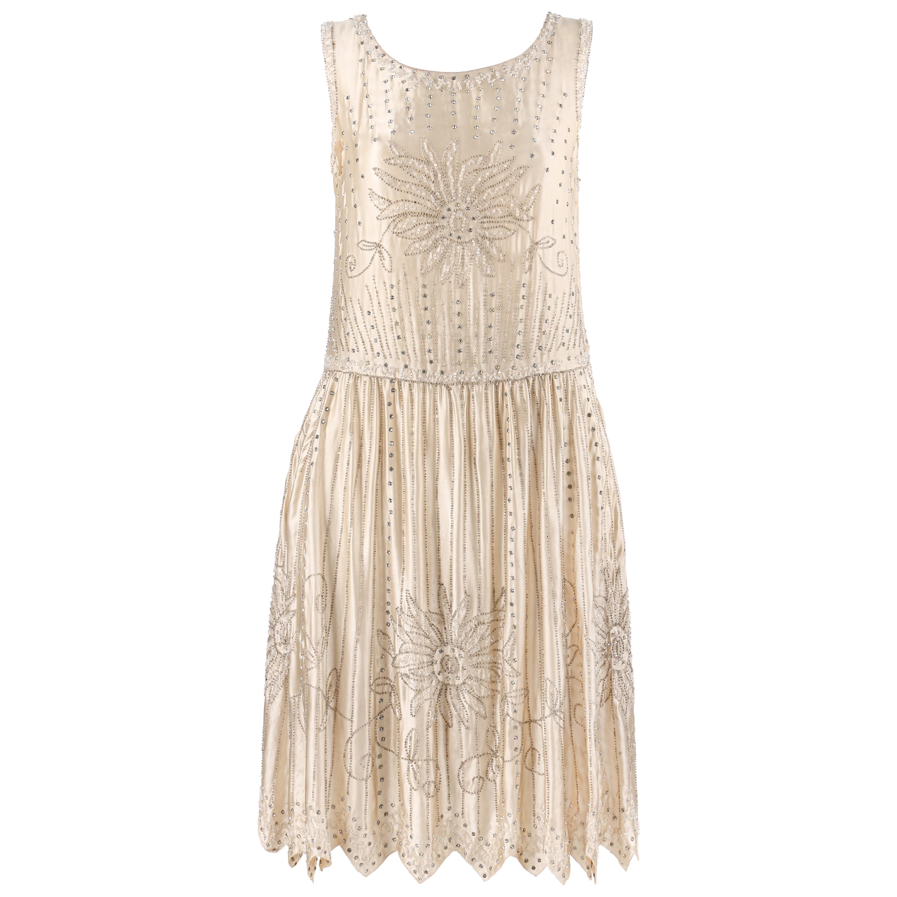 Couture c.1920’s Champagne Silk Floral Glass Beaded Rhinestone Flapper Dress  For Sale