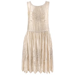 Couture c.1920’s Champagne Silk Floral Glass Beaded Rhinestone Flapper Dress