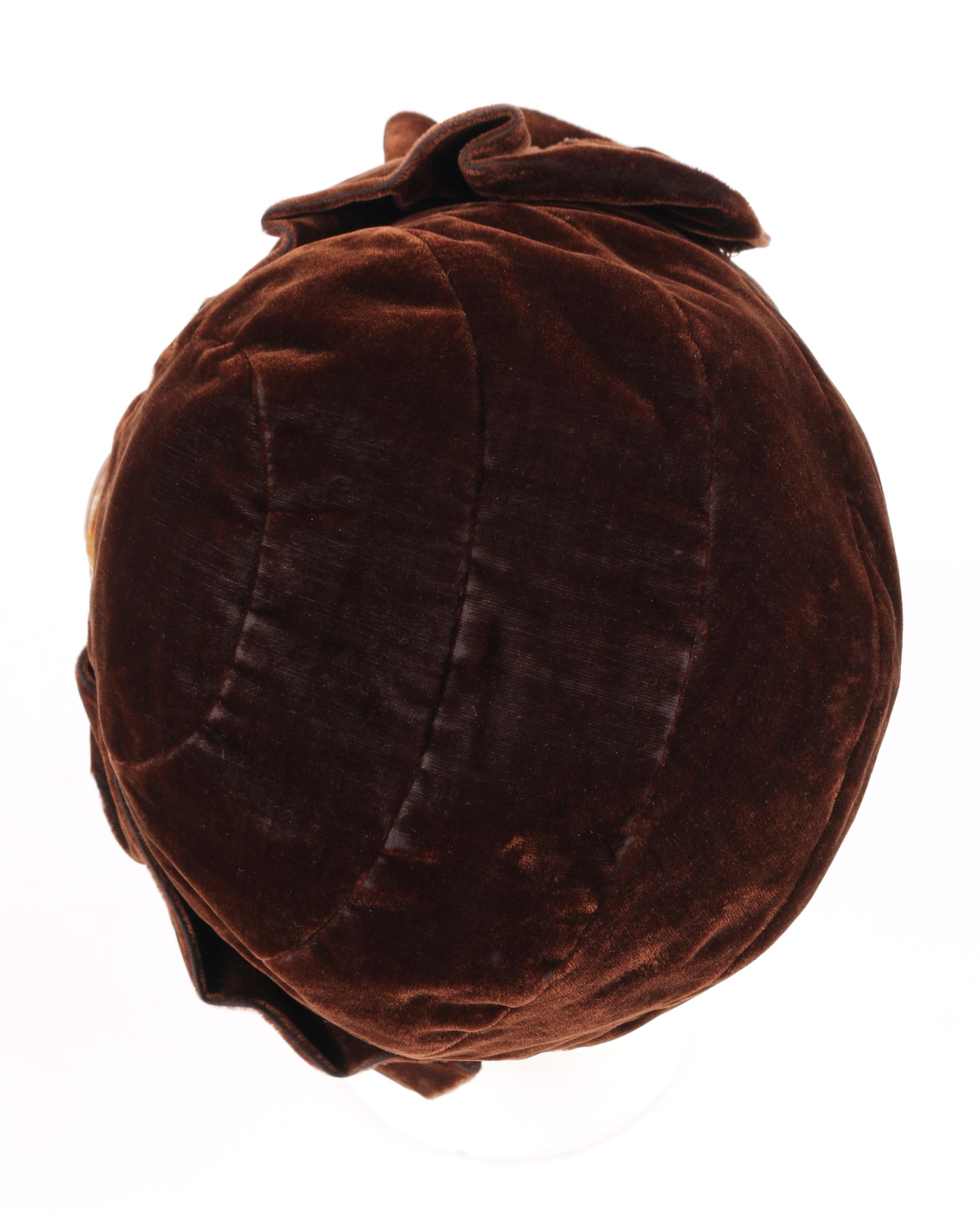 Black COUTURE c.1920’s Dark Brown Ruffle Tortoise Shell Crystal Deco Velvet Cloche Hat