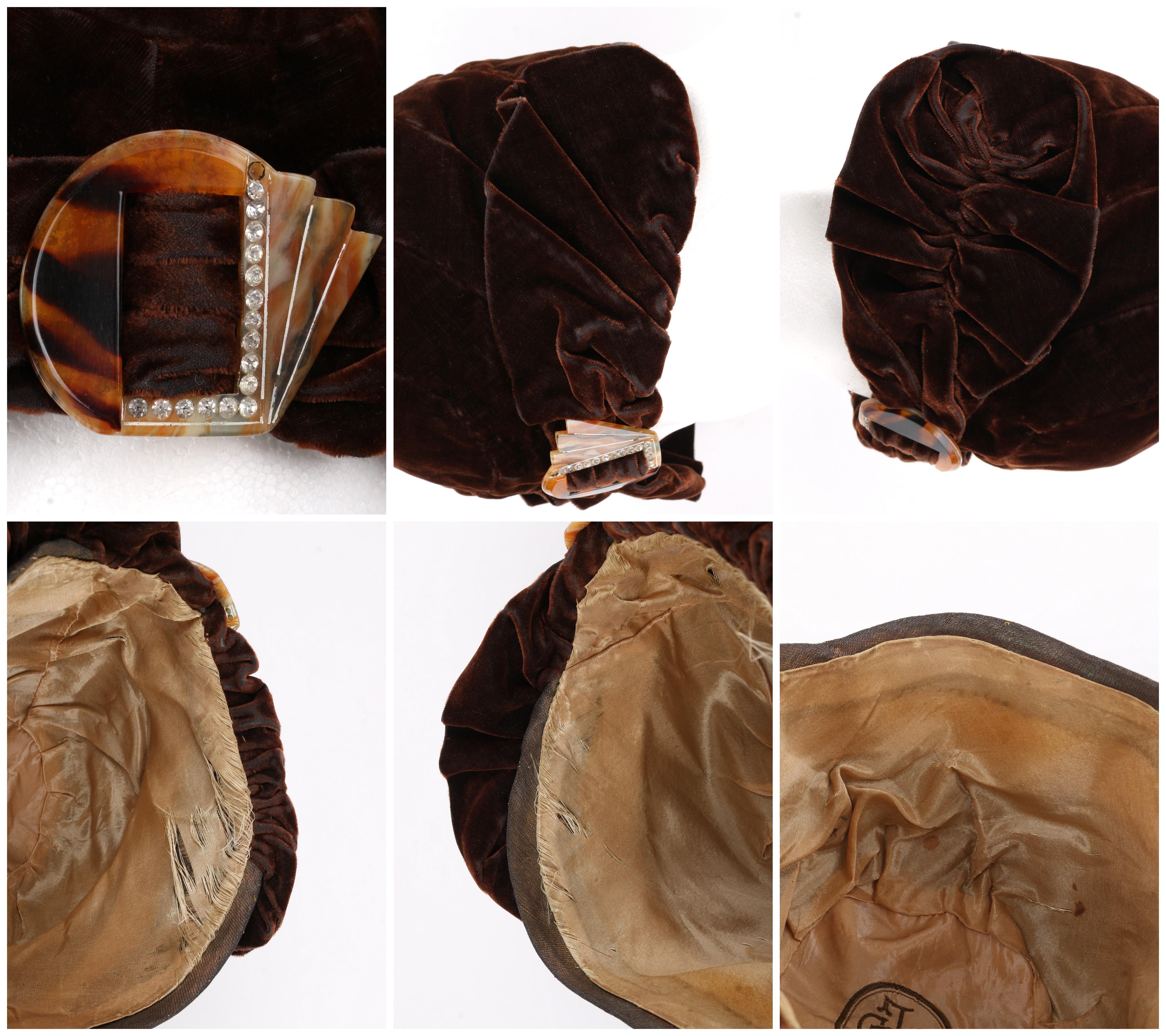 COUTURE c.1920’s Dark Brown Ruffle Tortoise Shell Crystal Deco Velvet Cloche Hat 1