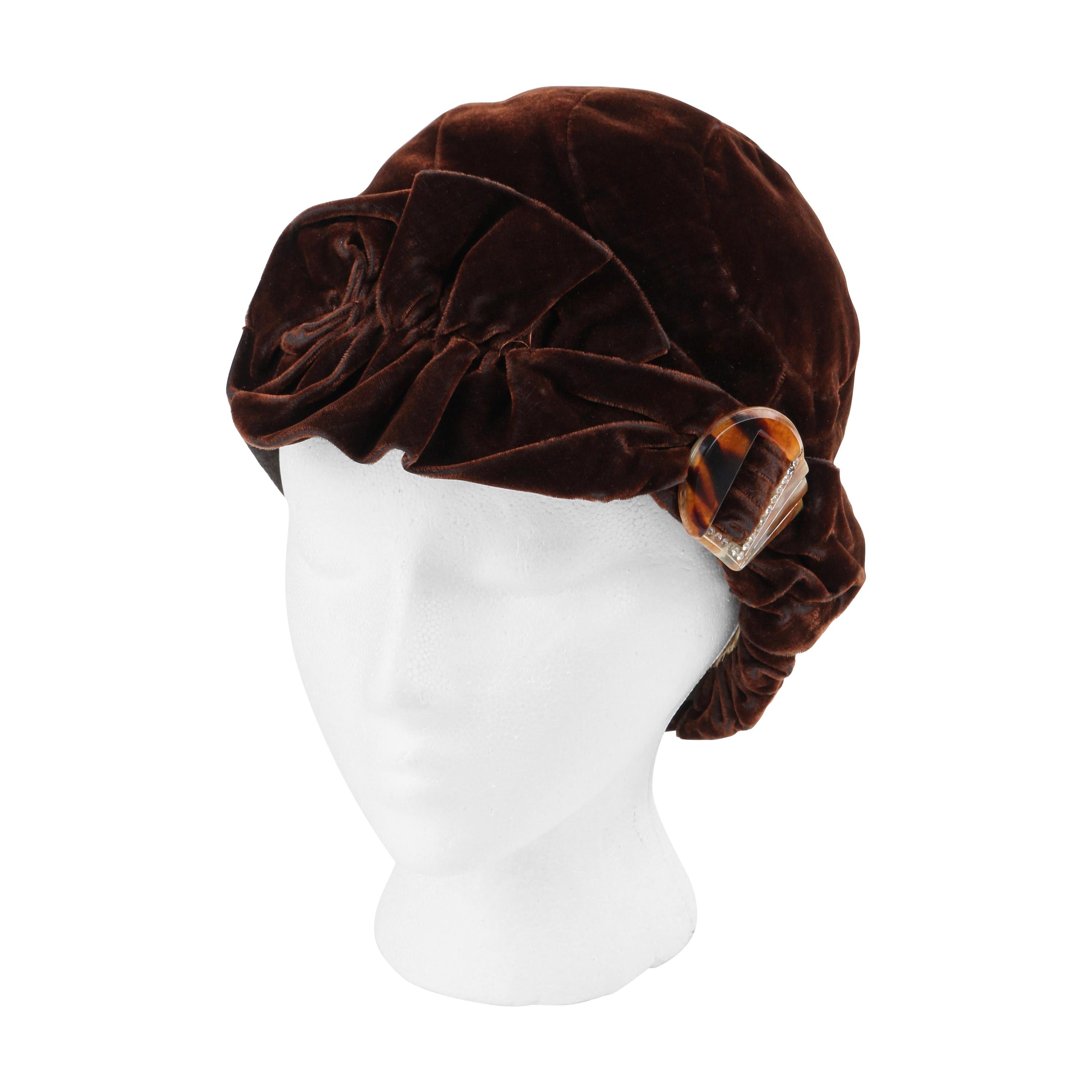 COUTURE c.1920’s Dark Brown Ruffle Tortoise Shell Crystal Deco Velvet Cloche Hat