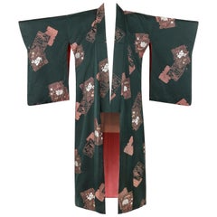 COUTURE c.1920s Emerald Green Peony Kyoto Woodblock Silk Crepe Komon Kimono