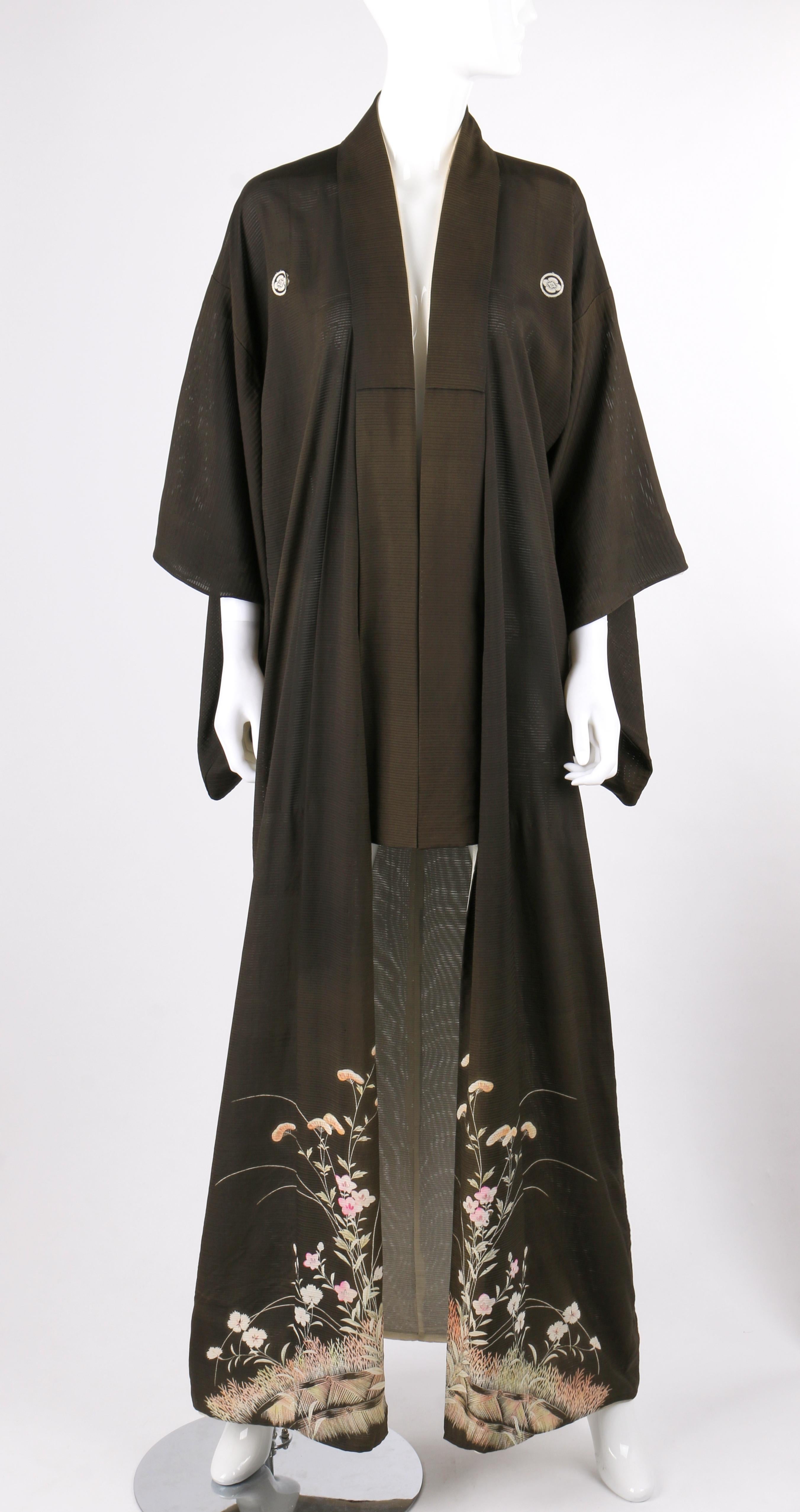 COUTURE c.1920s Kikyo Ume Flower Silk Iro Tomesode Formal Wedding Kimono 
 
Circa: 1920's
Style: Kimono
Color(s): Shades of olive green, pink, and cream (exterior, interior)
Lined: Yes
Unmarked Fabric Content: Silk crepe (exterior,