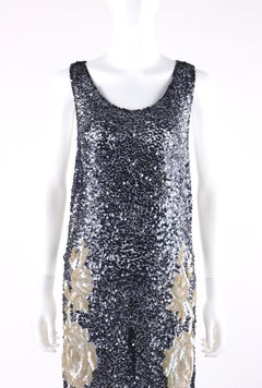 COUTURE c.1920's Navy Blue Net Floral Rose Sequin Flapper Tabard / Evening Dress