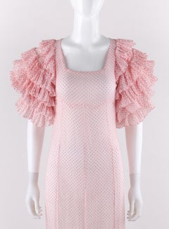 COUTURE c.1930's Pink Swiss Dot Dramatic Tiered Ruffle Sleeve Maxi Dress Gown
