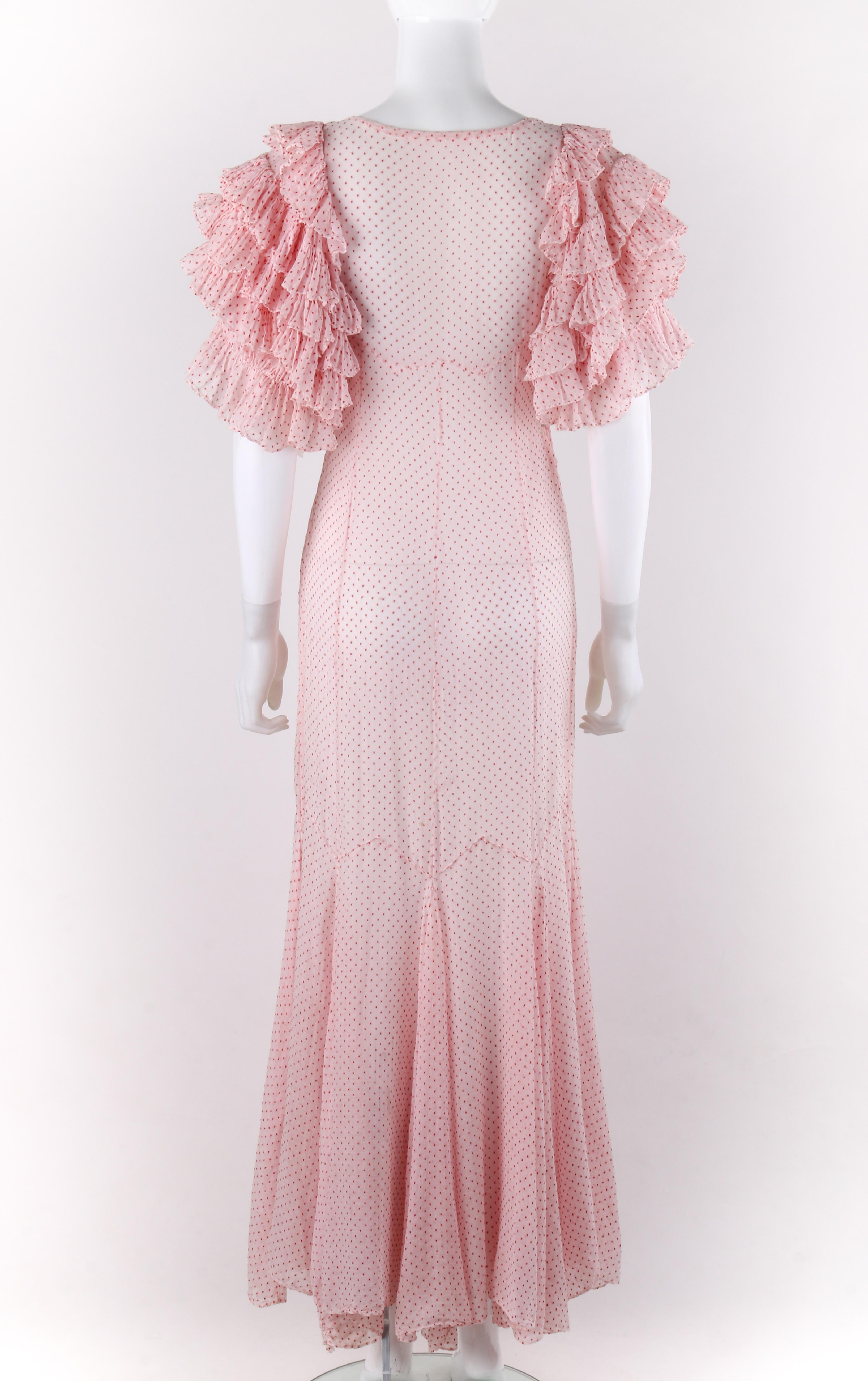 Beige COUTURE c.1930's Pink Swiss Dot Dramatic Tiered Ruffle Sleeve Maxi Dress Gown