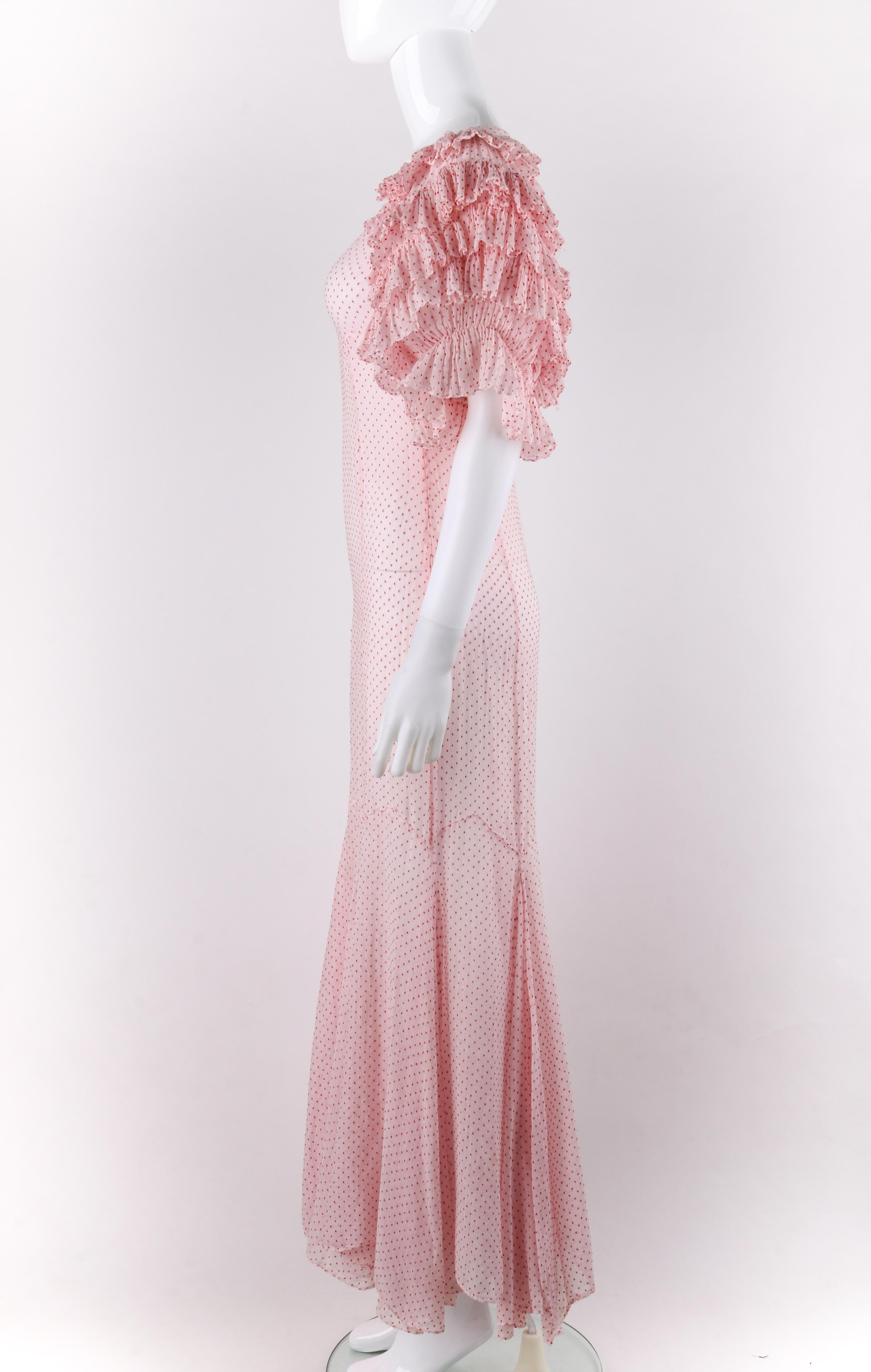 COUTURE c.1930's Pink Swiss Dot Dramatic Tiered Ruffle Sleeve Maxi Dress Gown In Good Condition In Thiensville, WI