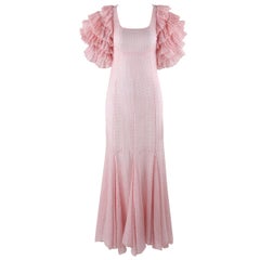 COUTURE c.1930's Pink Swiss Dot Dramatic Tiered Ruffle Sleeve Maxi Dress Gown