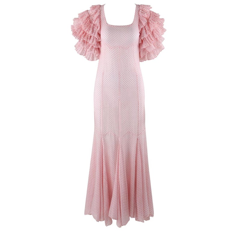 COUTURE c.1930's Pink Swiss Dot Dramatic Tiered Ruffle Sleeve Maxi ...