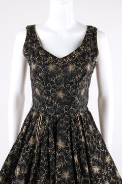 COUTURE c.1950’s Black Gold Floral Beaded Rhinestone Fit n Flare Party Dress