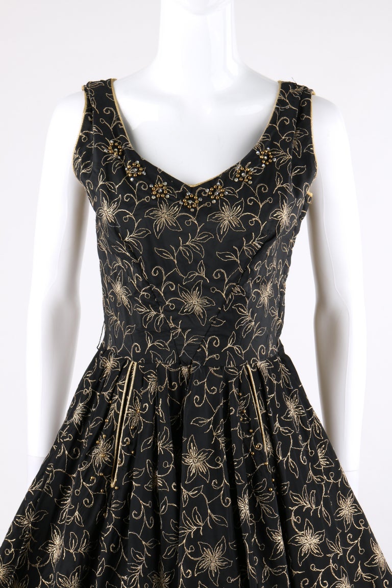 COUTURE c.1950's Black Gold Floral Beaded Rhinestone Fit n Flare Party Dress  at 1stDibs | black and gold fit and flare dress, black and gold floral dress,  gold flare dress