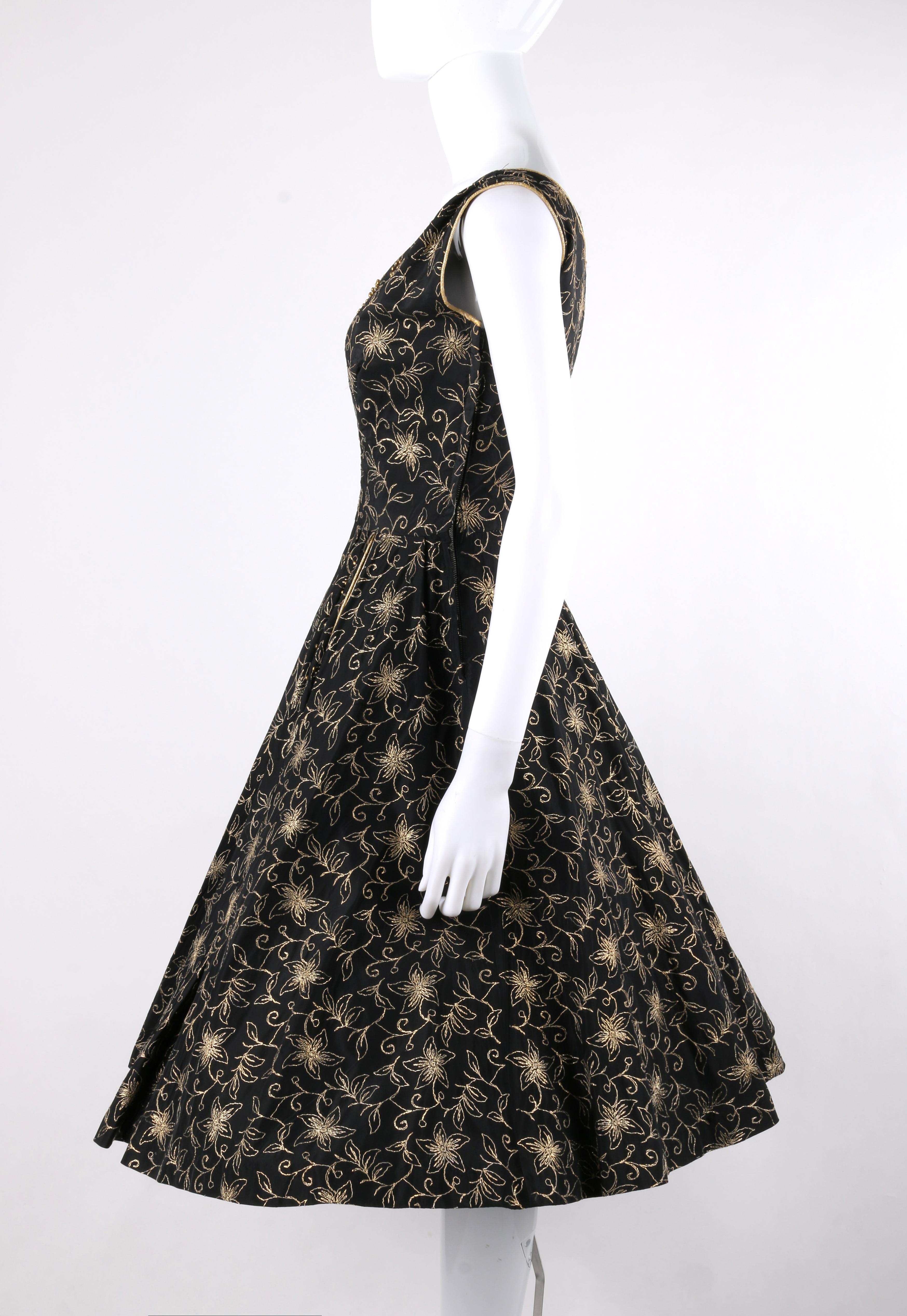 COUTURE c.1950’s Black Gold Floral Beaded Rhinestone Fit n Flare Party Dress  In Good Condition In Thiensville, WI