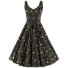 COUTURE c.1950’s Black Gold Floral Beaded Rhinestone Fit n Flare Party Dress