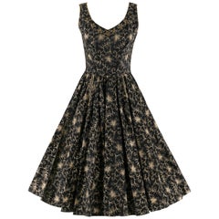 COUTURE c.1950’s Black Gold Floral Beaded Rhinestone Fit n Flare Party Dress 