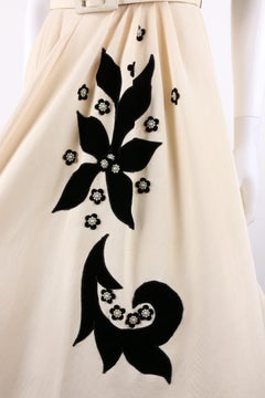 COUTURE c.1950’s Black Ivory Velvet Floral Pearl Beaded Belted Party Dress