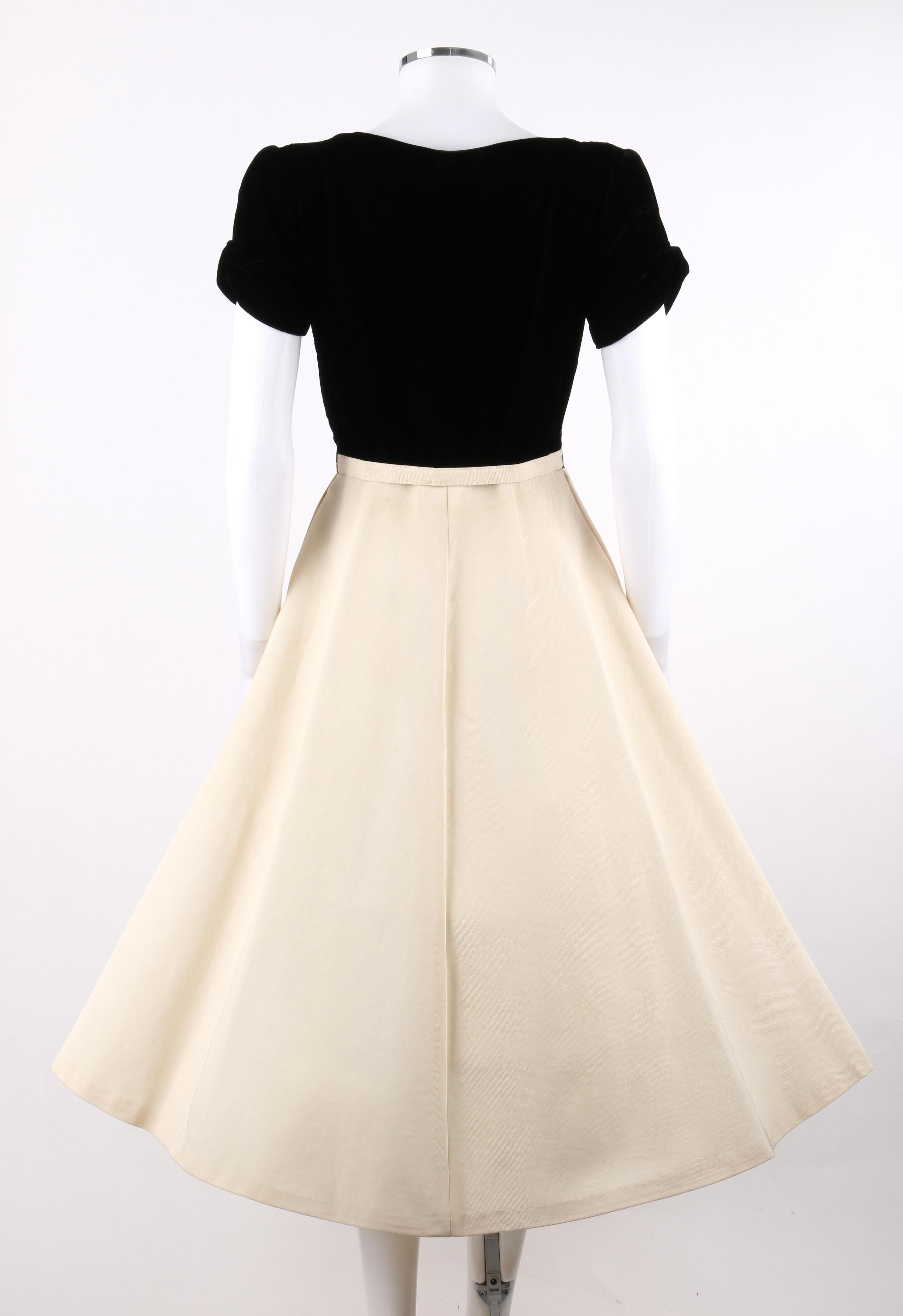 White COUTURE c.1950’s Black Ivory Velvet Floral Pearl Beaded Belted Party Dress