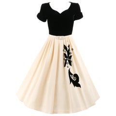 COUTURE c.1950’s Black Ivory Velvet Floral Pearl Beaded Belted Party Dress