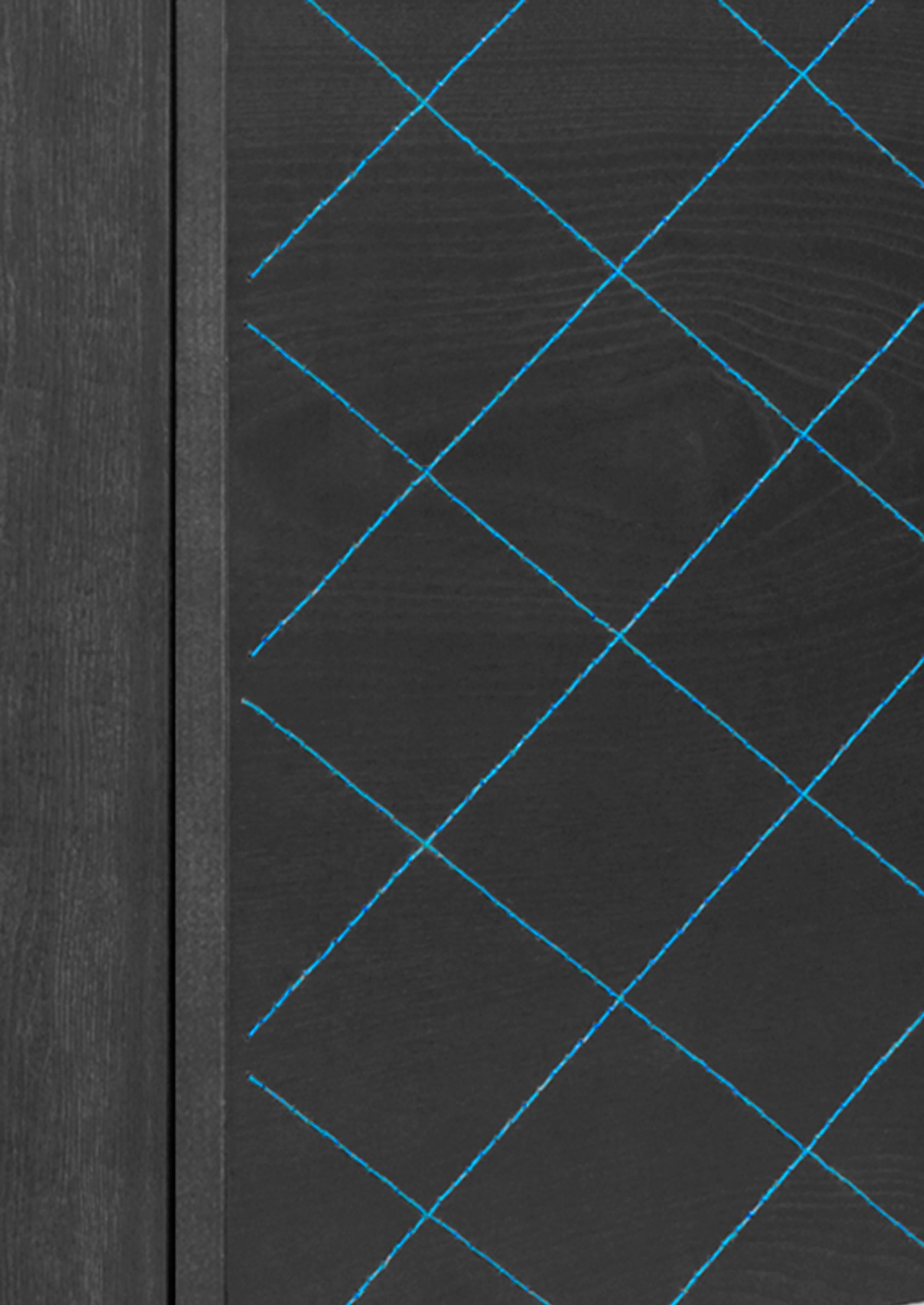 Spanish  Couture Cabinet Anodic Black Lacquered Steel Structure With Blue Stitching. For Sale