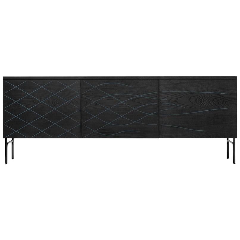  Couture Cabinet Anodic Black Lacquered Steel Structure With Blue Stitching.