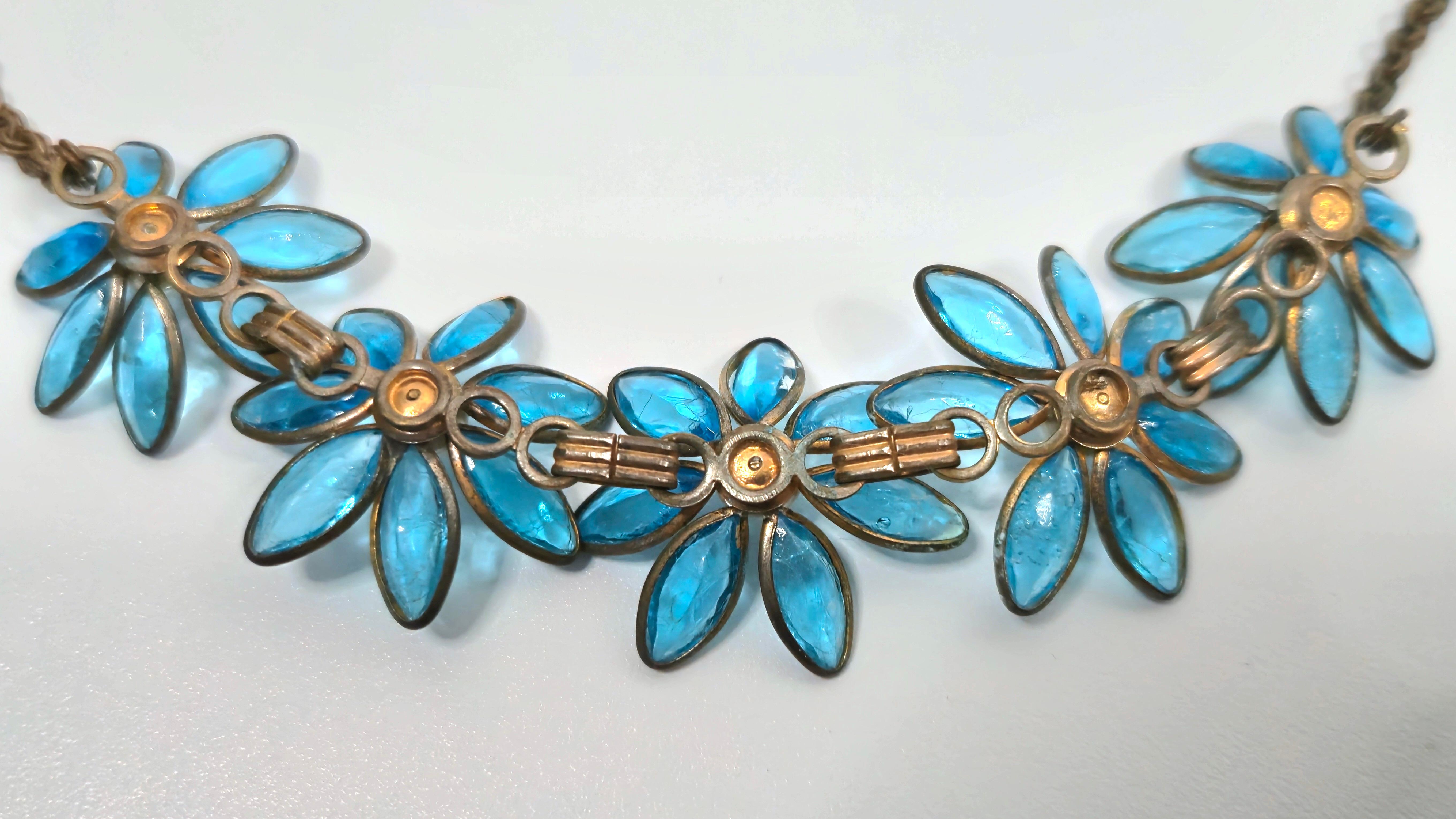 Couture Chanel Gripoix 1930 VertidoGlassAquaFlowerPendants ByzantineChain Parure en venta 5