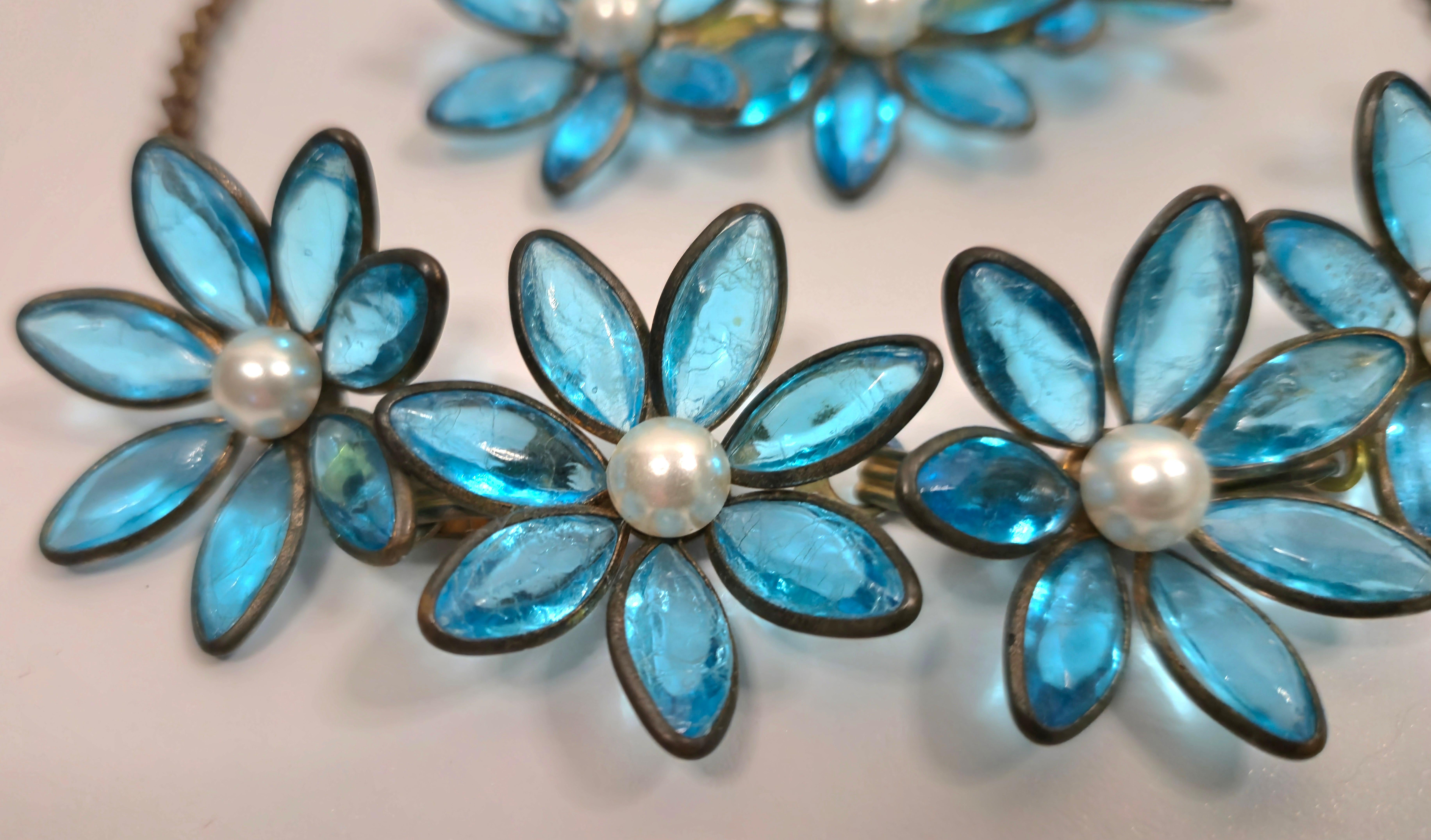 Couture Chanel Gripoix 1930 VertidoGlassAquaFlowerPendants ByzantineChain Parure en venta 6