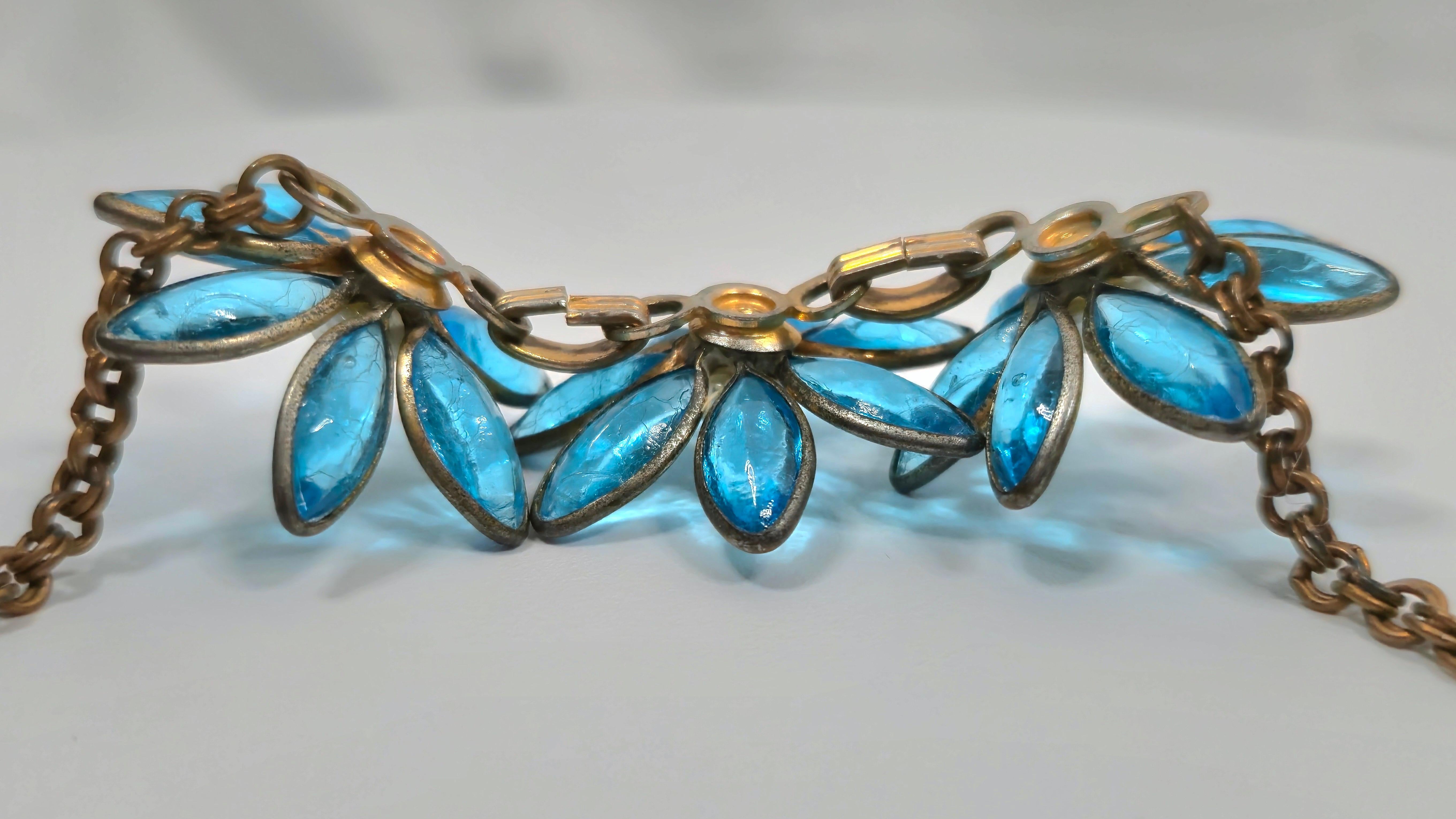 Couture Chanel Gripoix 1930 VertidoGlassAquaFlowerPendants ByzantineChain Parure Bizantino en venta