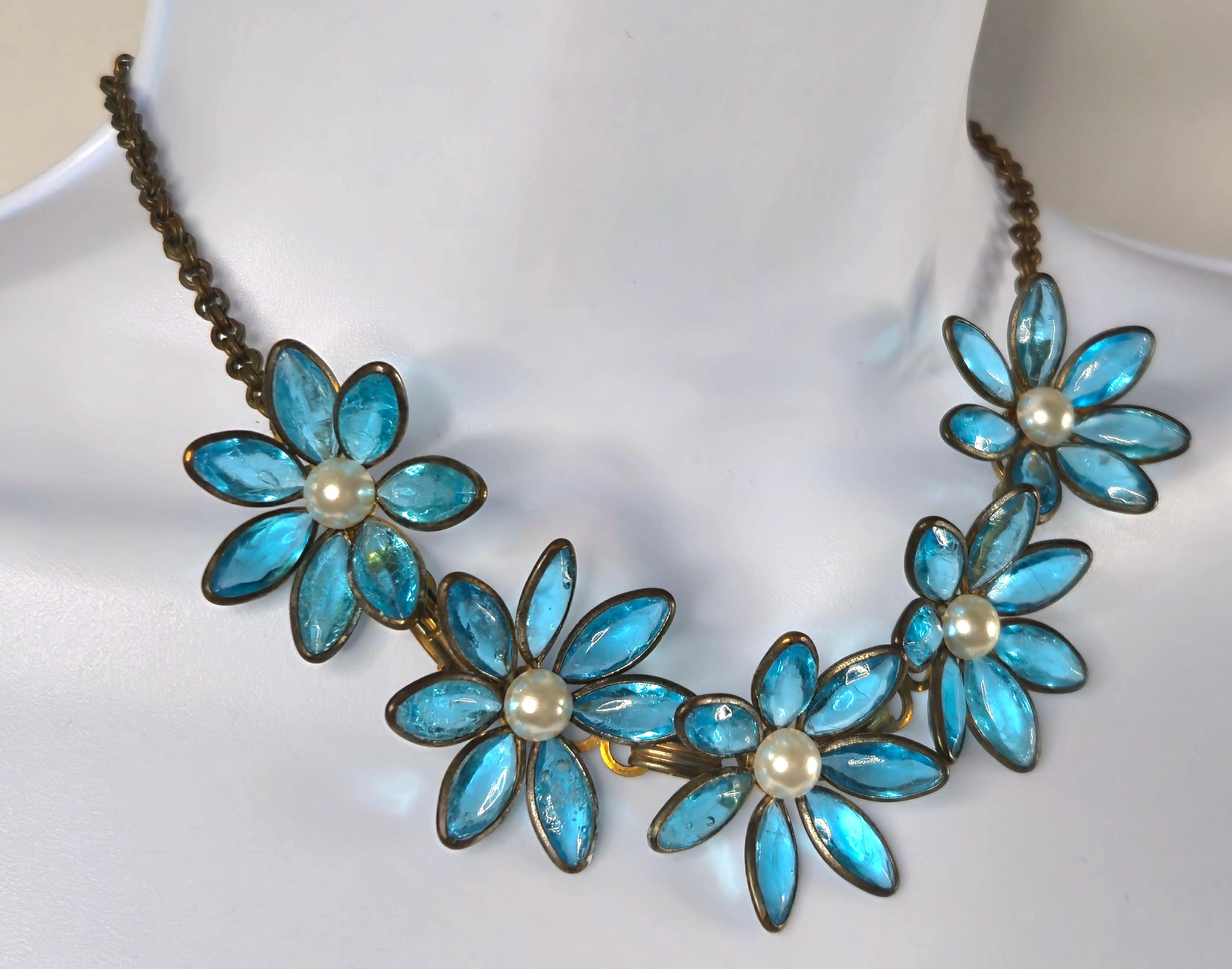 Couture Chanel Gripoix 1930 VertidoGlassAquaFlowerPendants ByzantineChain Parure en venta 3