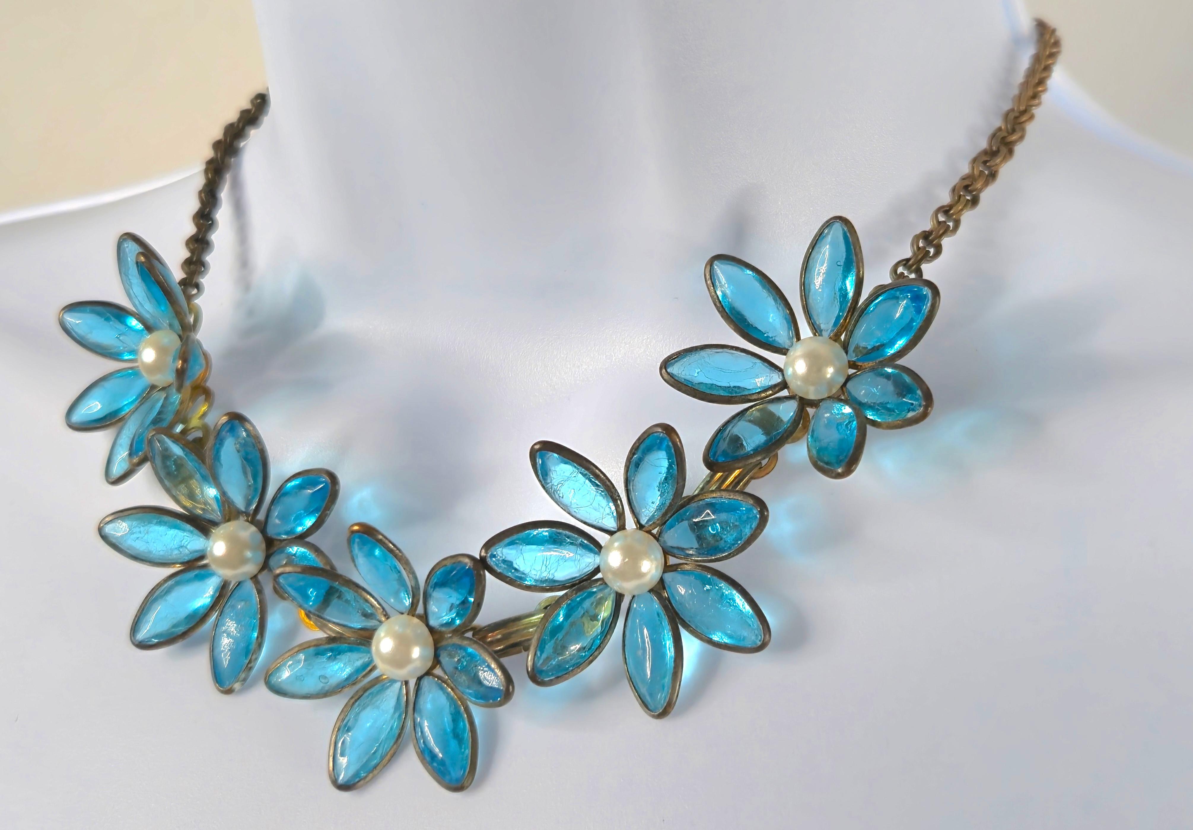 Couture Chanel Gripoix 1930 VertidoGlassAquaFlowerPendants ByzantineChain Parure en venta 4