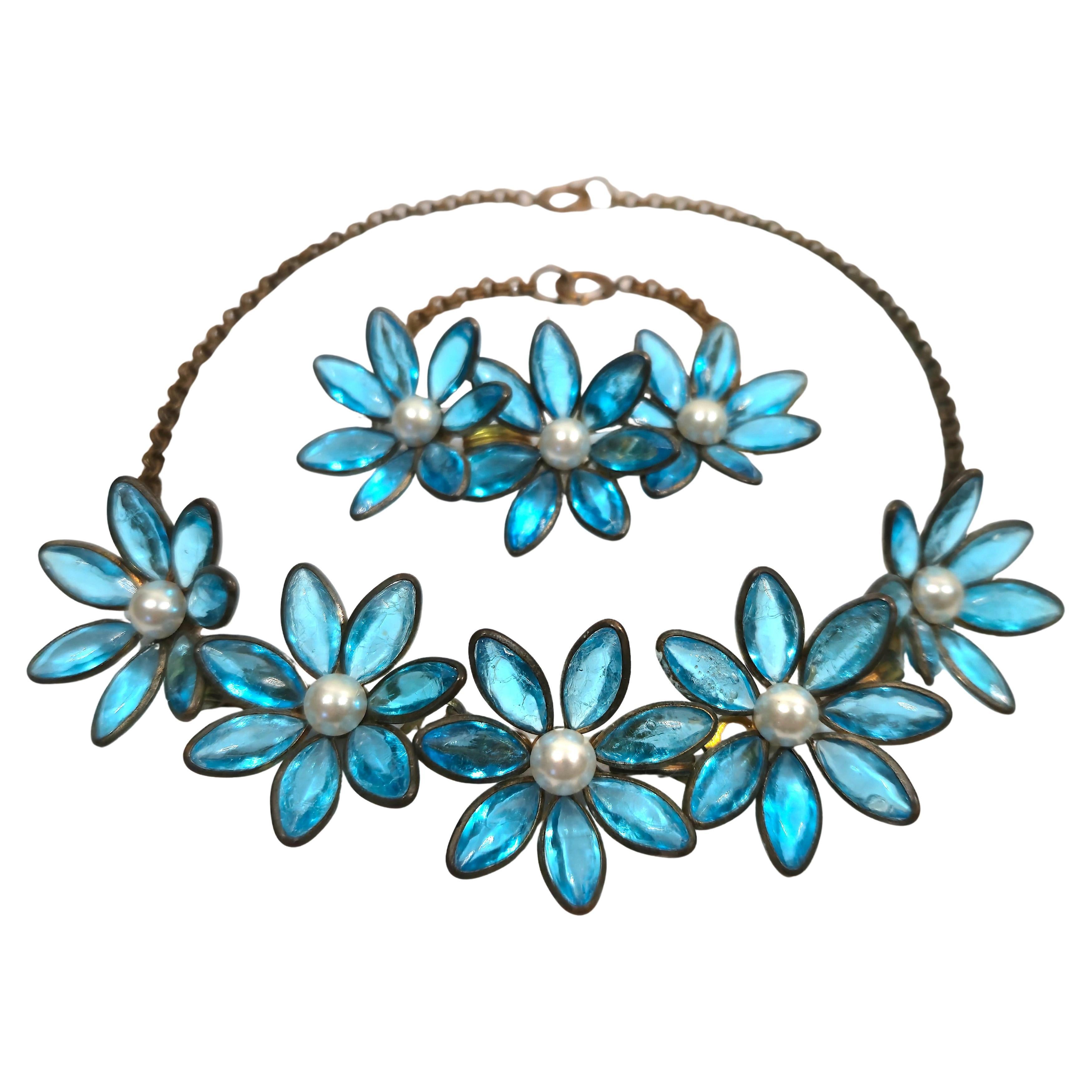 Couture Chanel 1930s PouredGlassAquaFlowerPendants ByzantineChain Parure