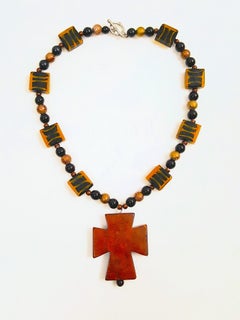 Early20thC ByzantineRedCrossPendant LampworkGlass Galalith SilverToggle Necklace