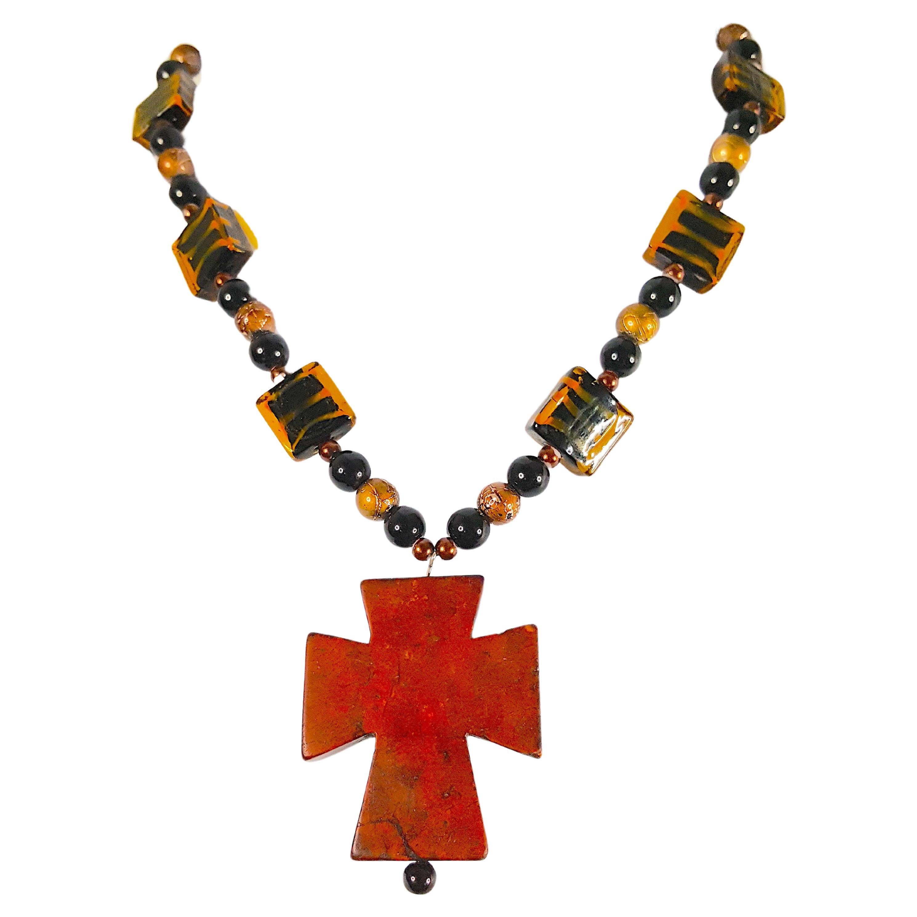 Early20thC ByzantineRedCrossPendant LampworkGlass Galalith SilverToggle Necklace For Sale