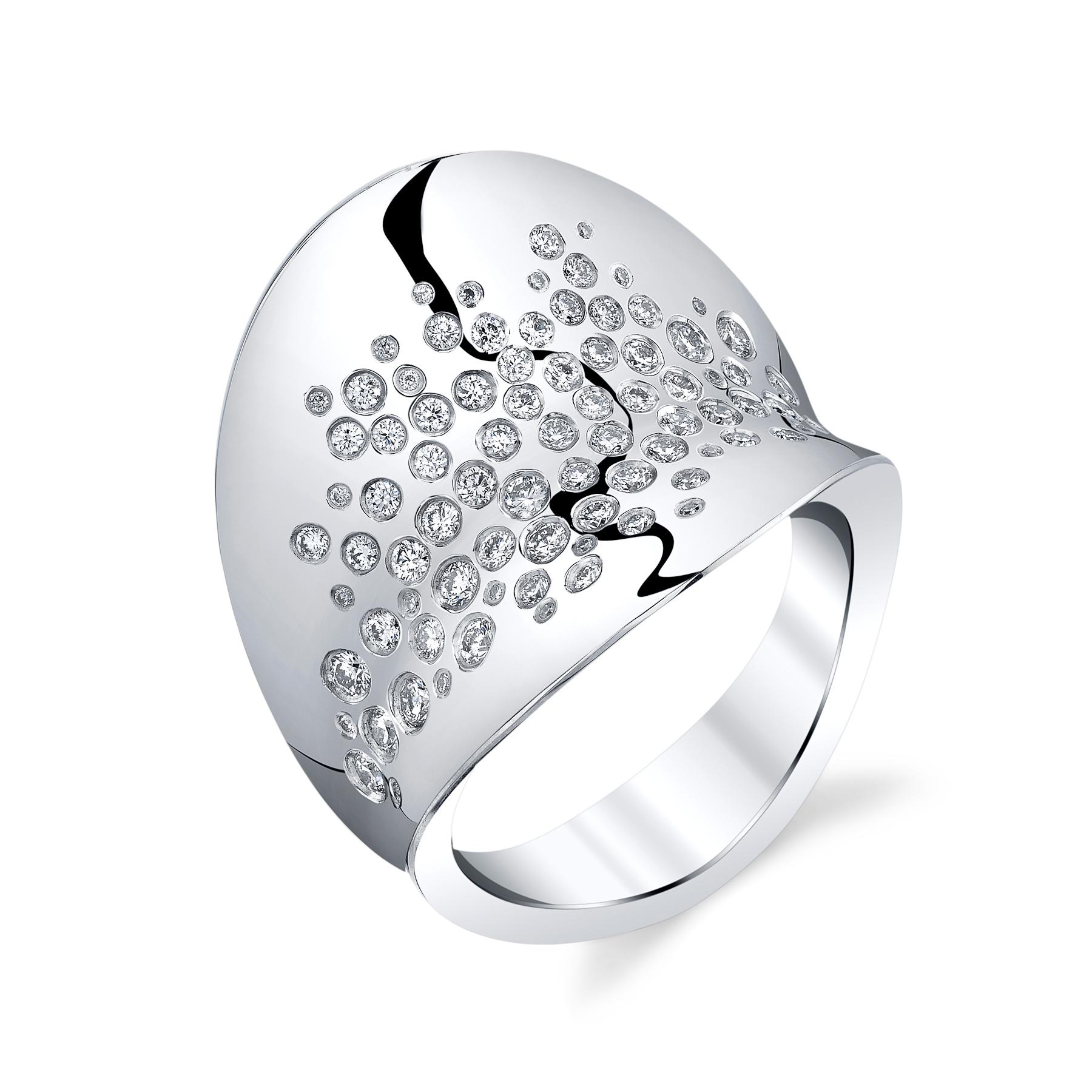 Round Cut Couture Contemporary Cocktail Rings, Platinum and Diamonds Lyra-Galaxy Ring For Sale